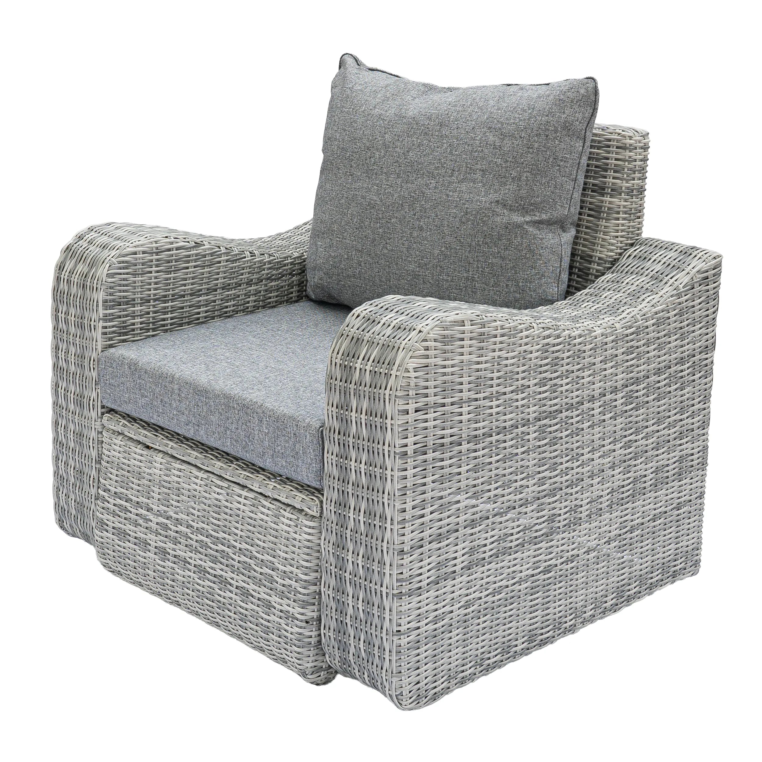 Outdoor gray wicker lounge chair with gray seat and back cushions