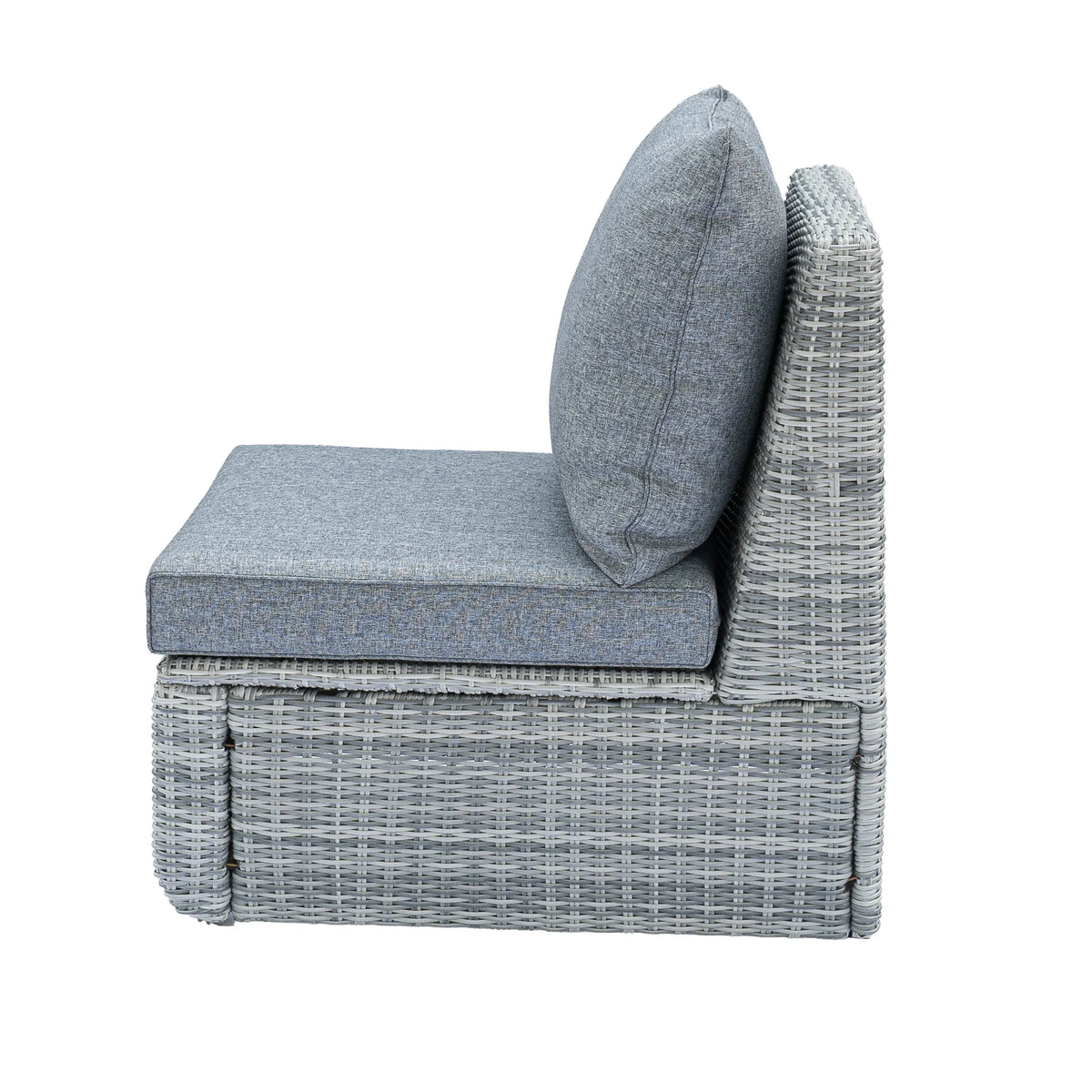 Outdoor gray wicker chair with gray seat and tall back cushion