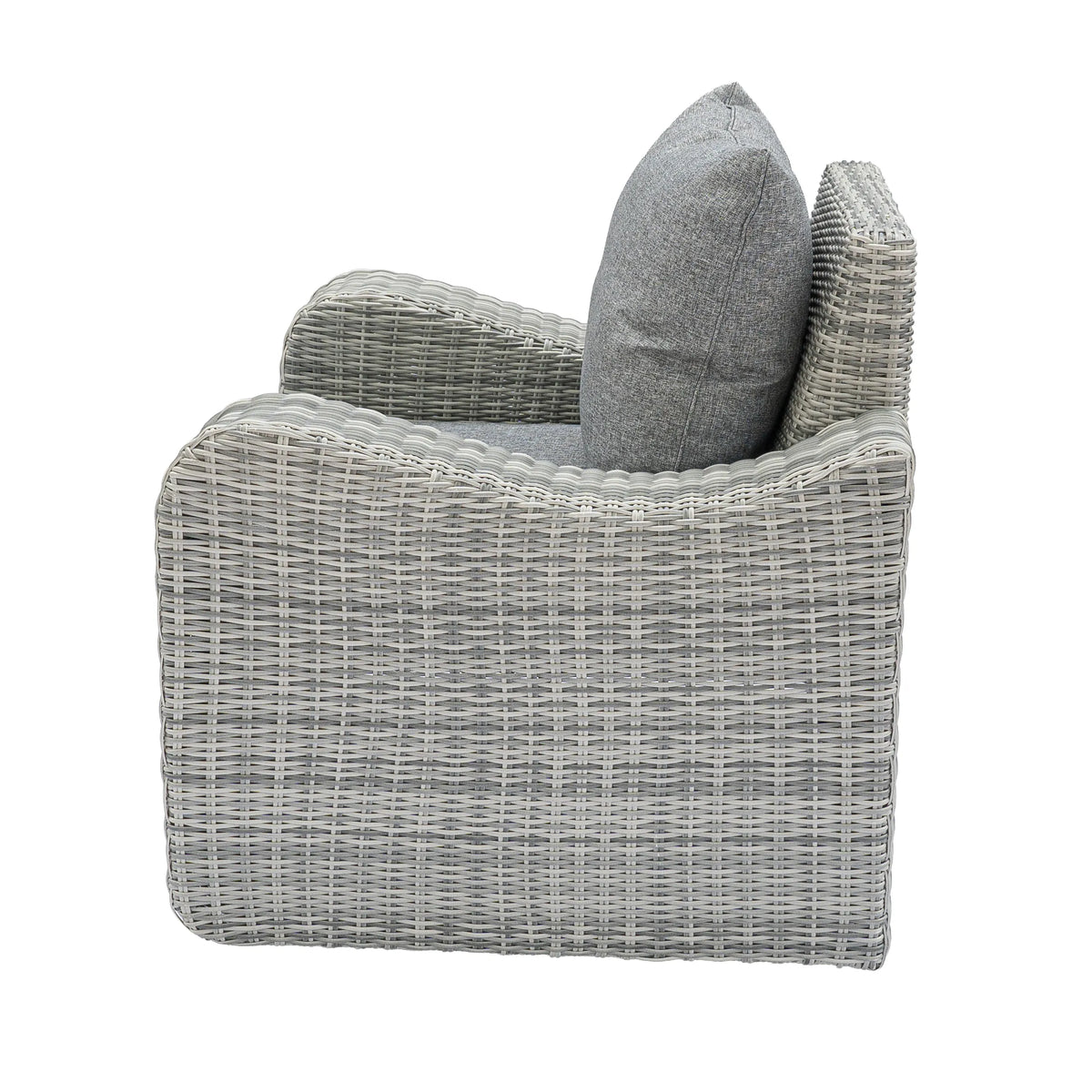 Side view outdoor gray wicker lounge chair with gray back cushion