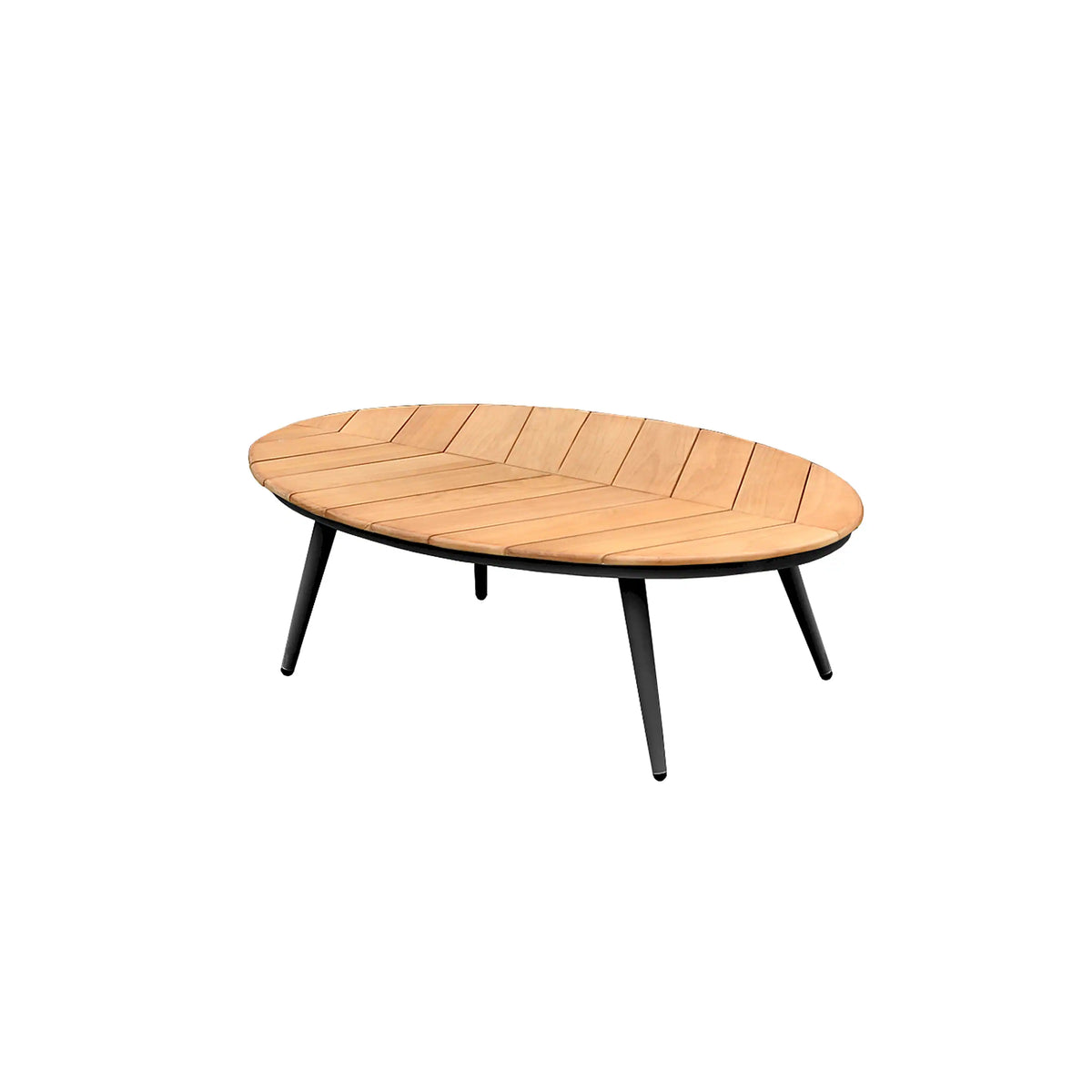 Outdoor 6-piece seating set table: oval teak slat top with black tripod legs