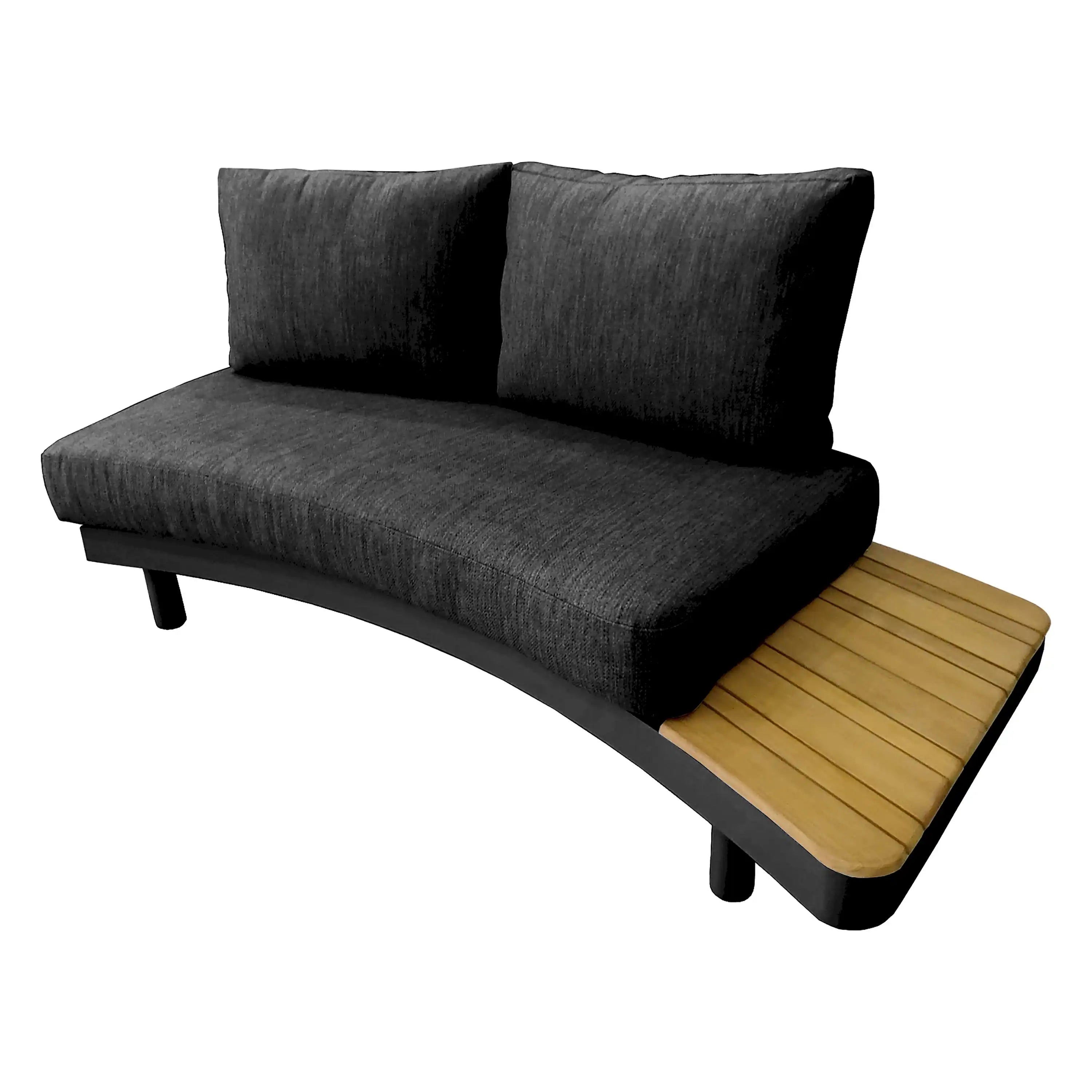 Outdoor 6-piece seating set: gray padded sofa with two back cushions and teak slat seat