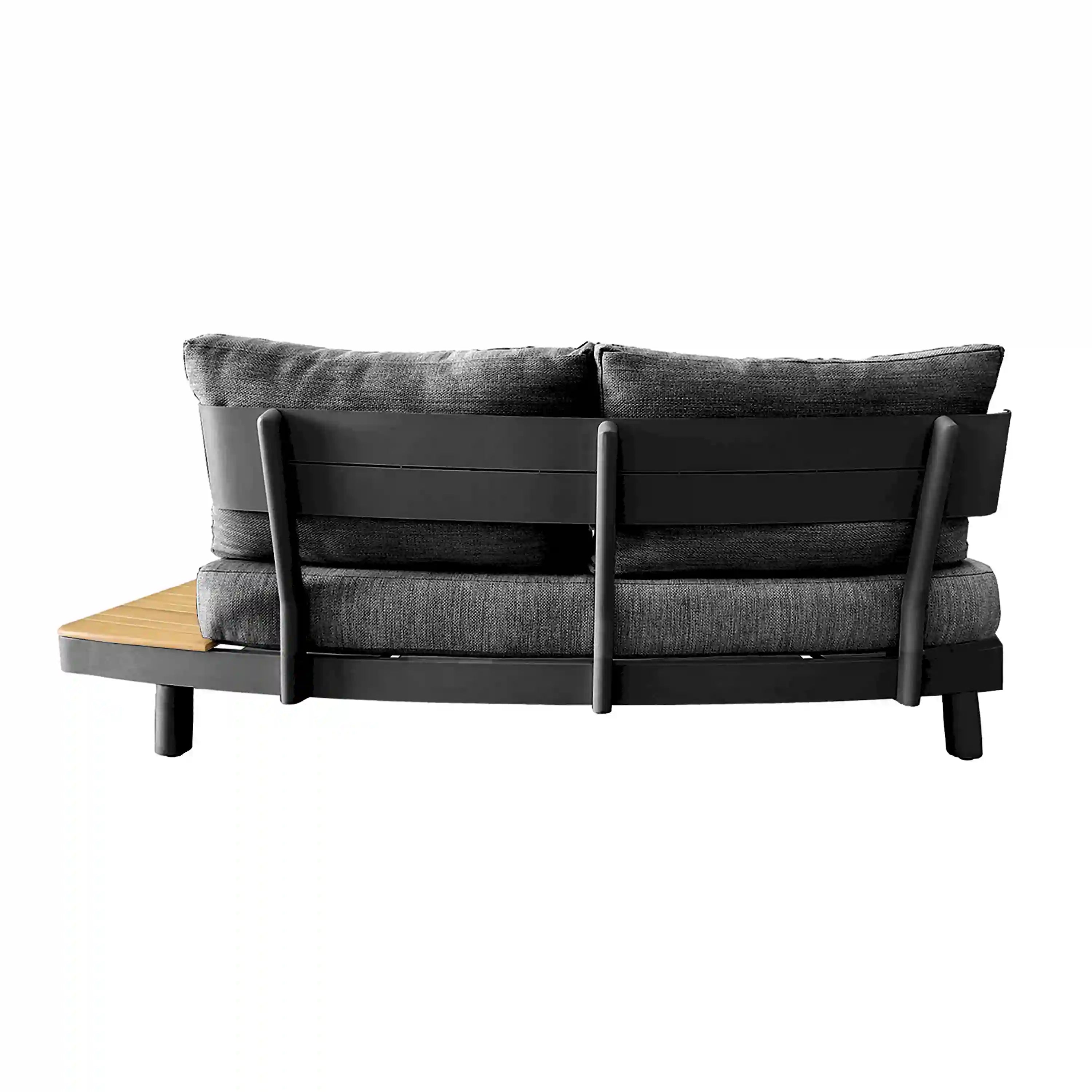 Outdoor 6-piece seating set: gray loveseat sofa with black frame and teak side tray