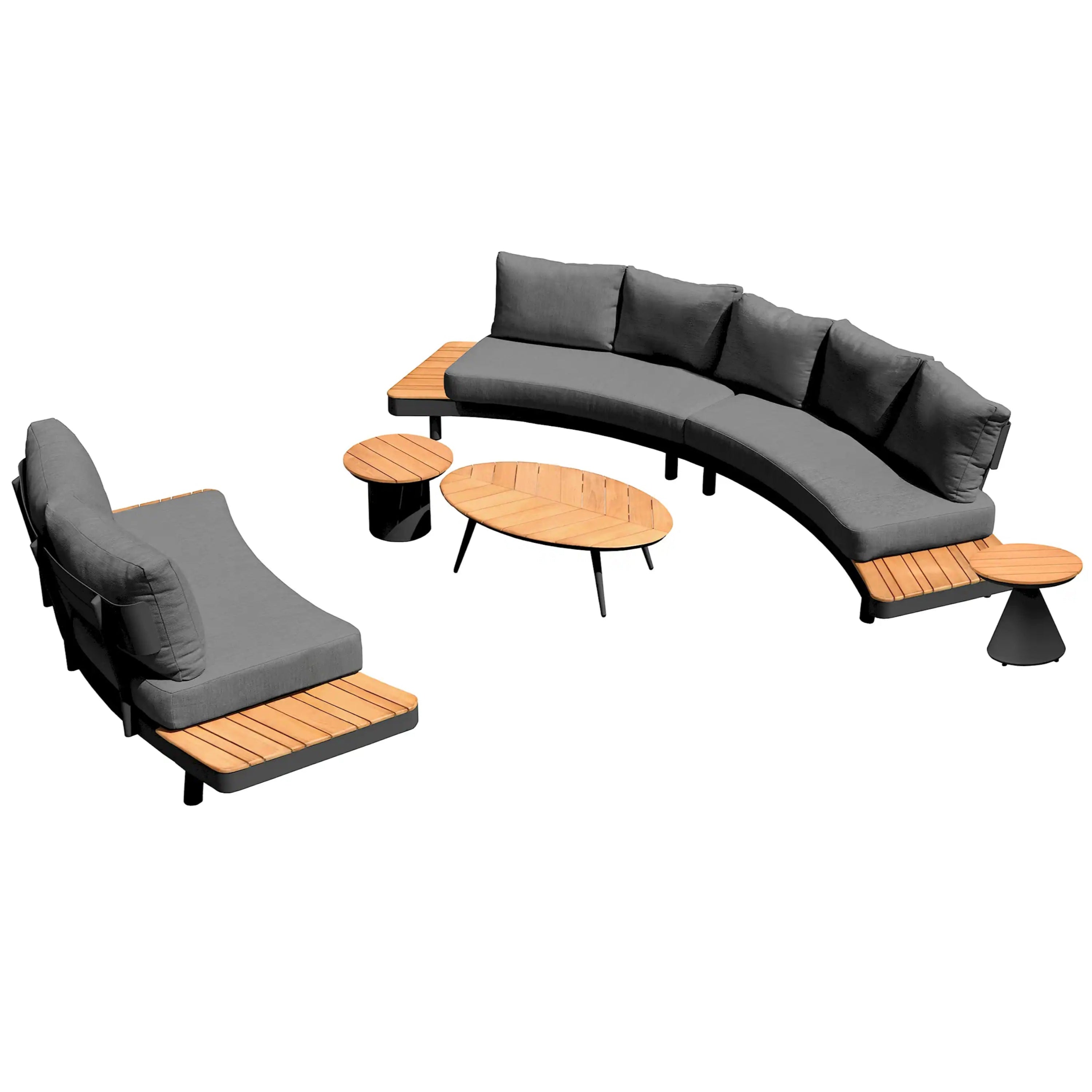 Outdoor 6-piece seating set: gray curved sectional sofa with teak slat arms and round table