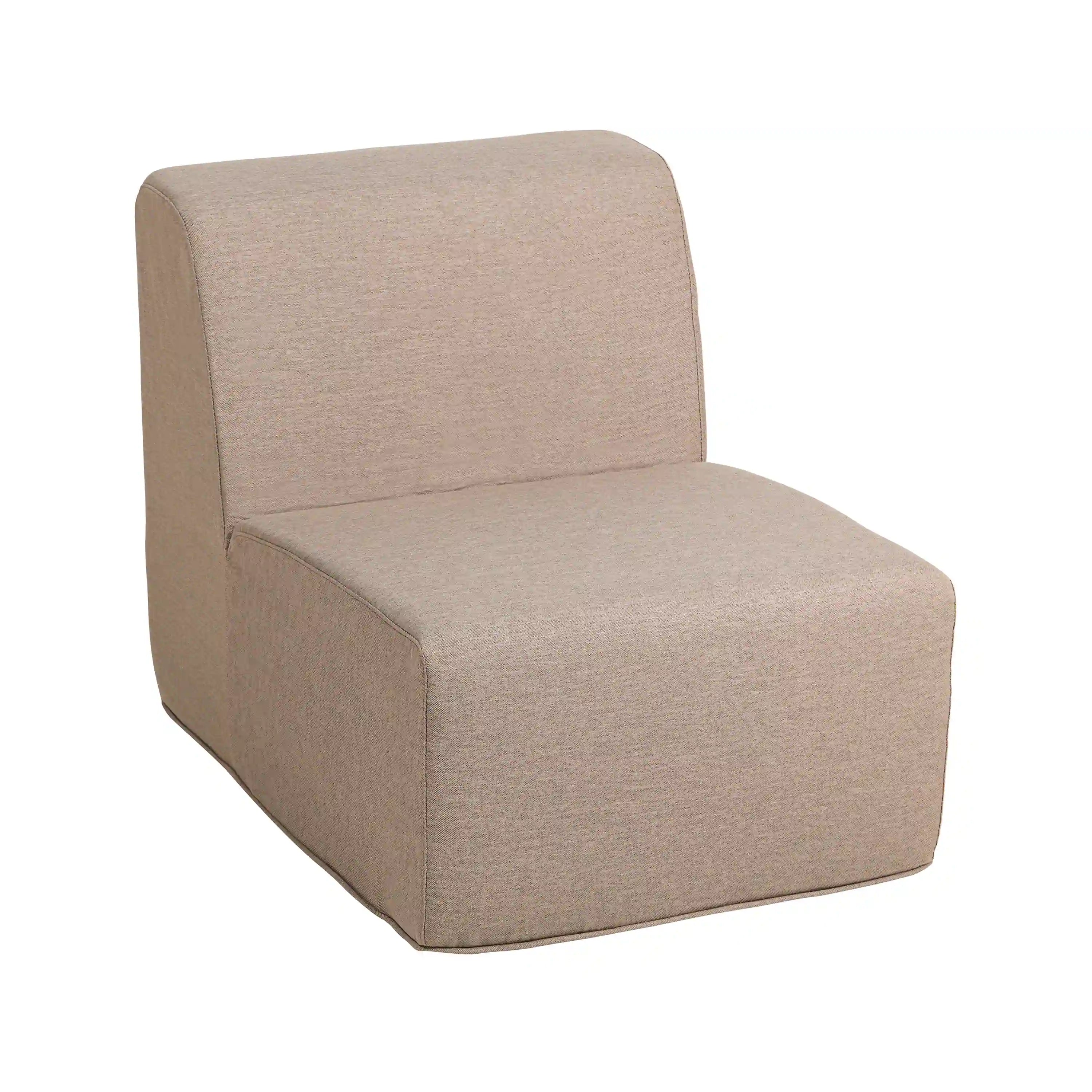 Armless outdoor sectional chair in beige-brown fabric, boxy seat and back