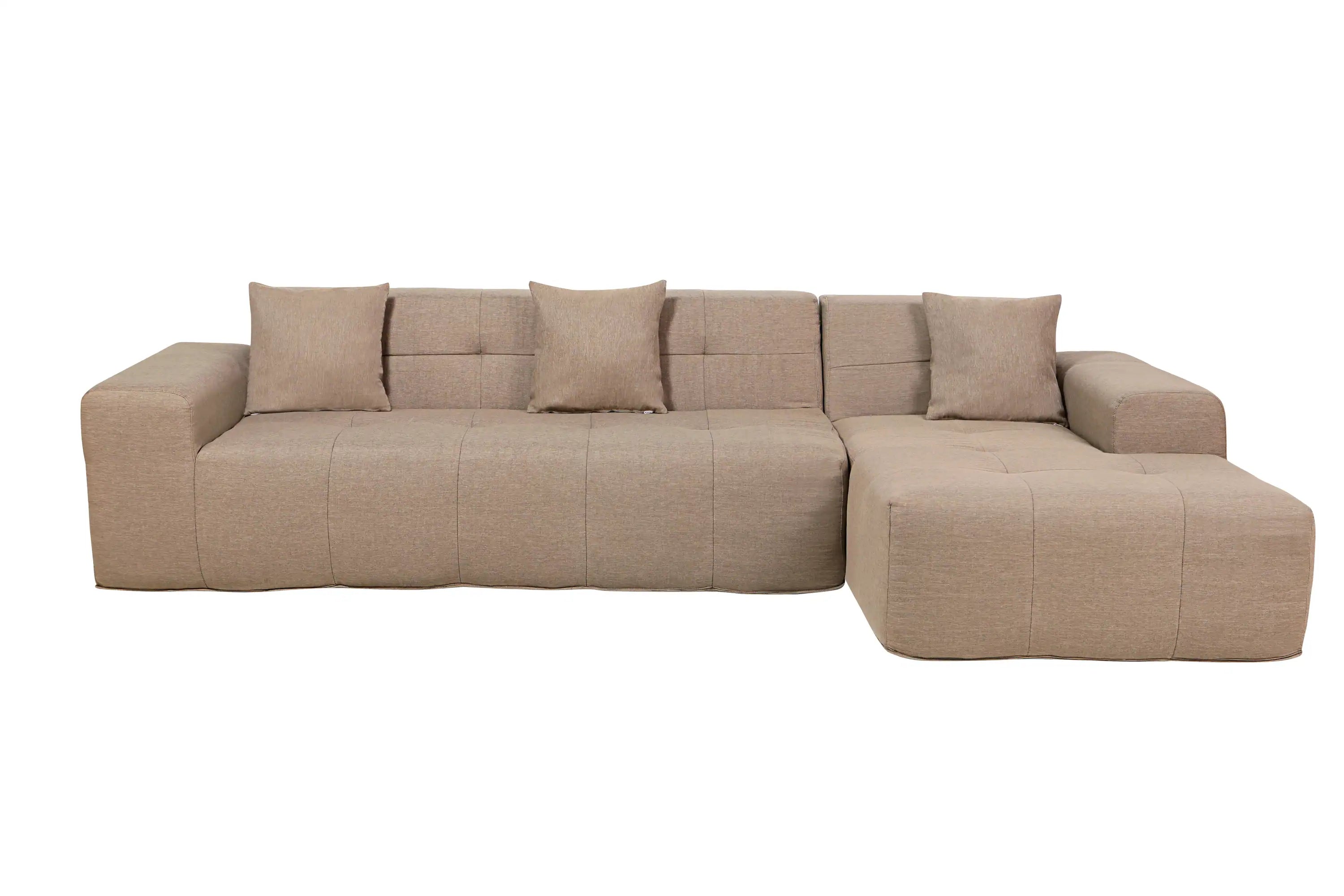Tan outdoor sectional sofa with chaise corner and four back cushions