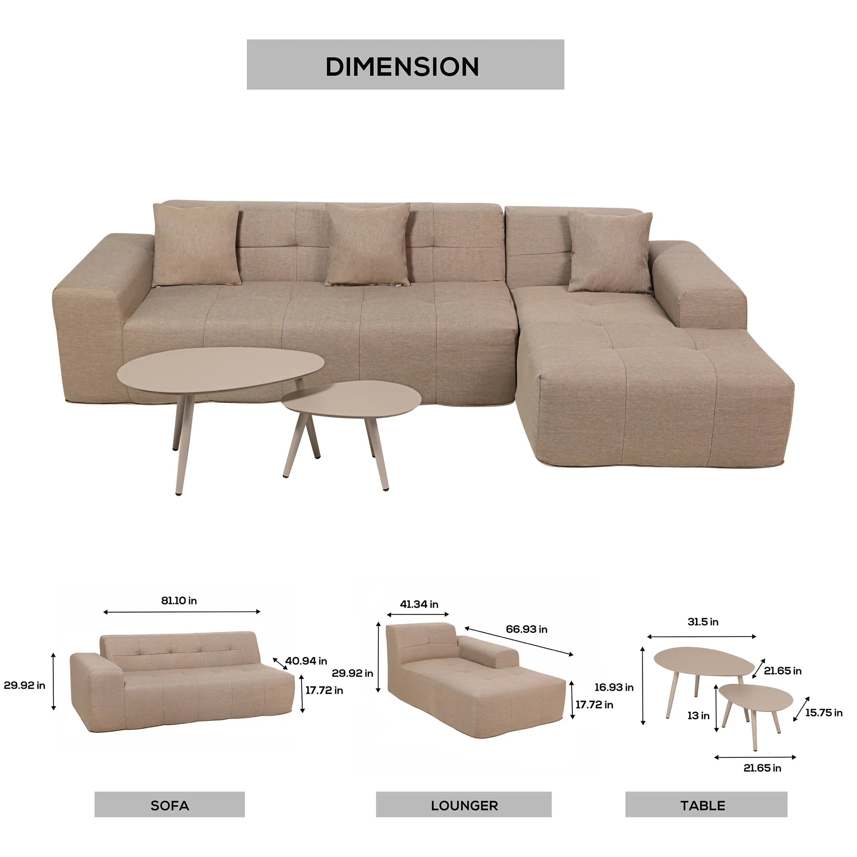 Outdoor sectional sofa set with lounger and two round tables, with measurements