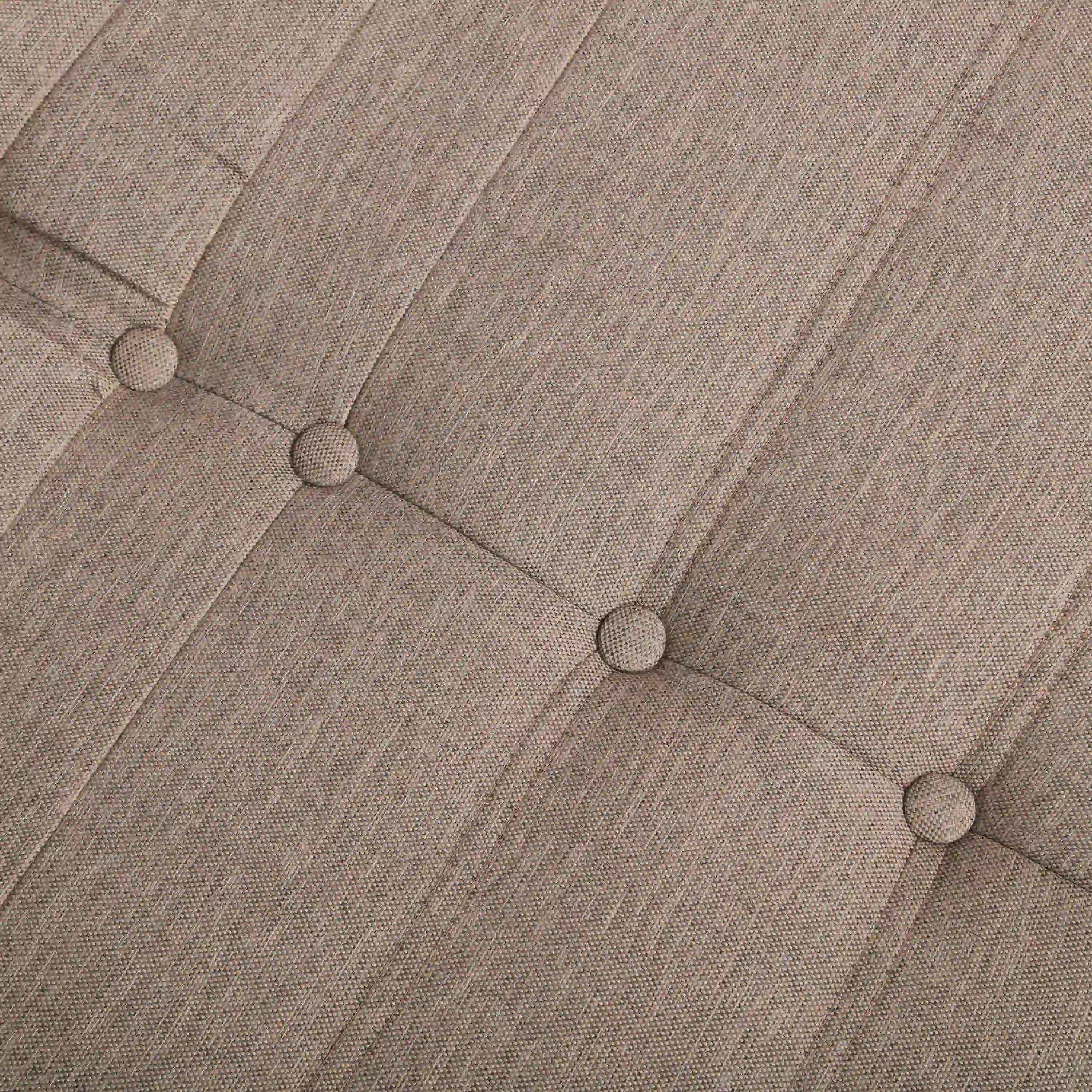 Outdoor loveseat sofa chair, brown fabric upholstery with round tufted buttons