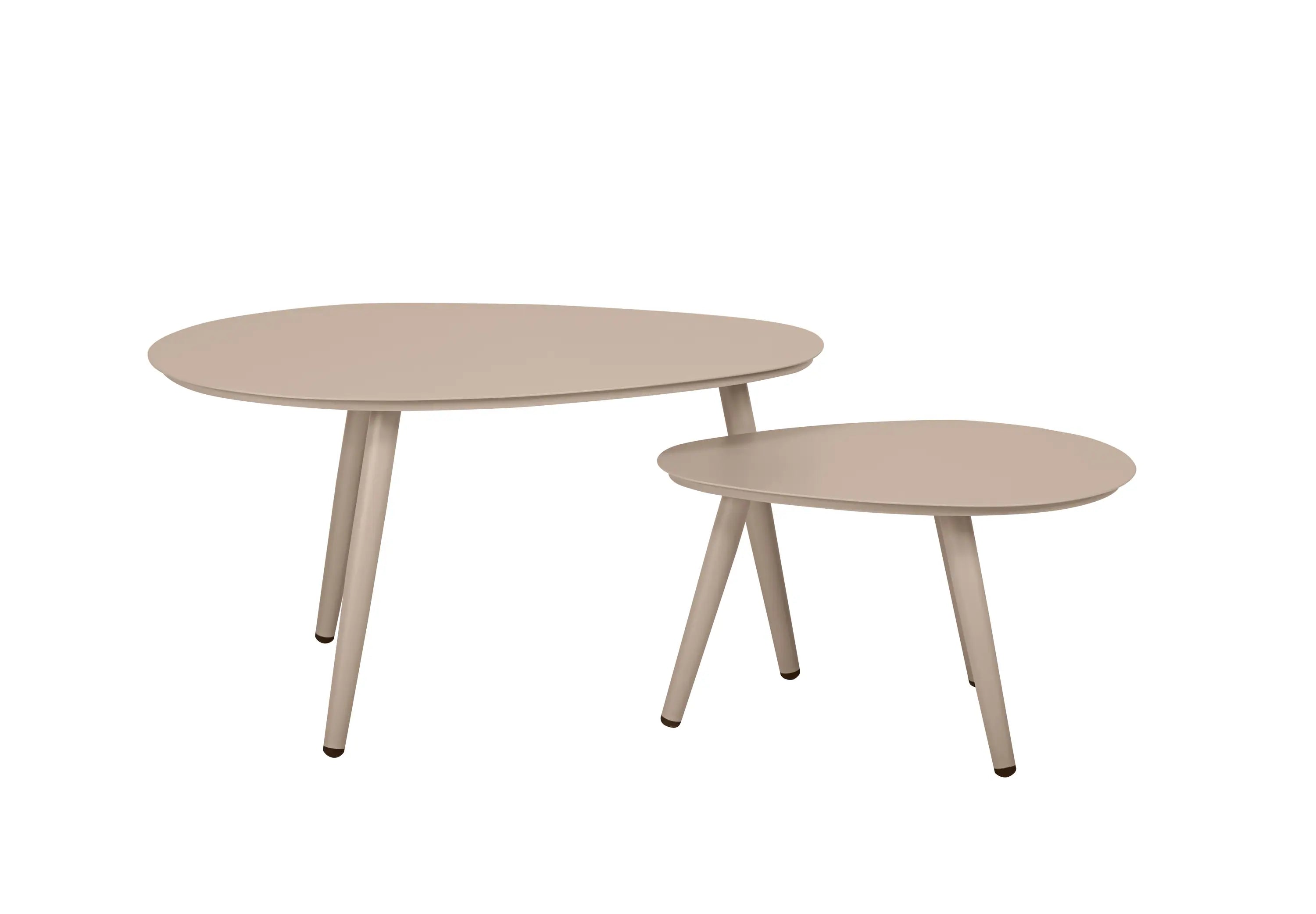 2-piece outdoor oval table set with beige tops and slim angled legs