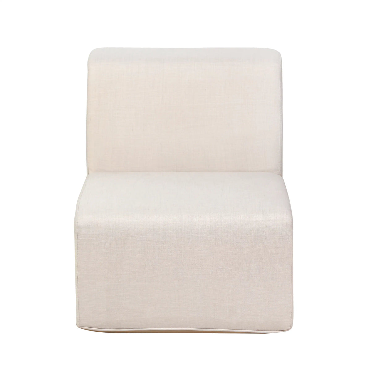 Beige upholstered ottoman-style seat with padded backrest close-up