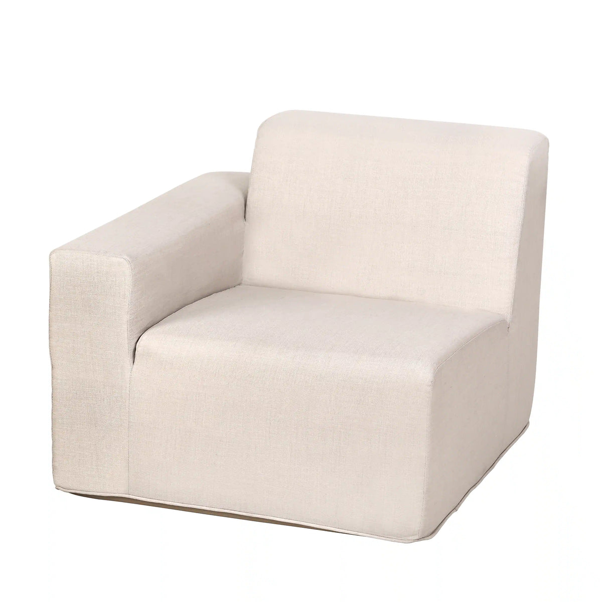 Beige outdoor armchair with wide arms and cushioned seat