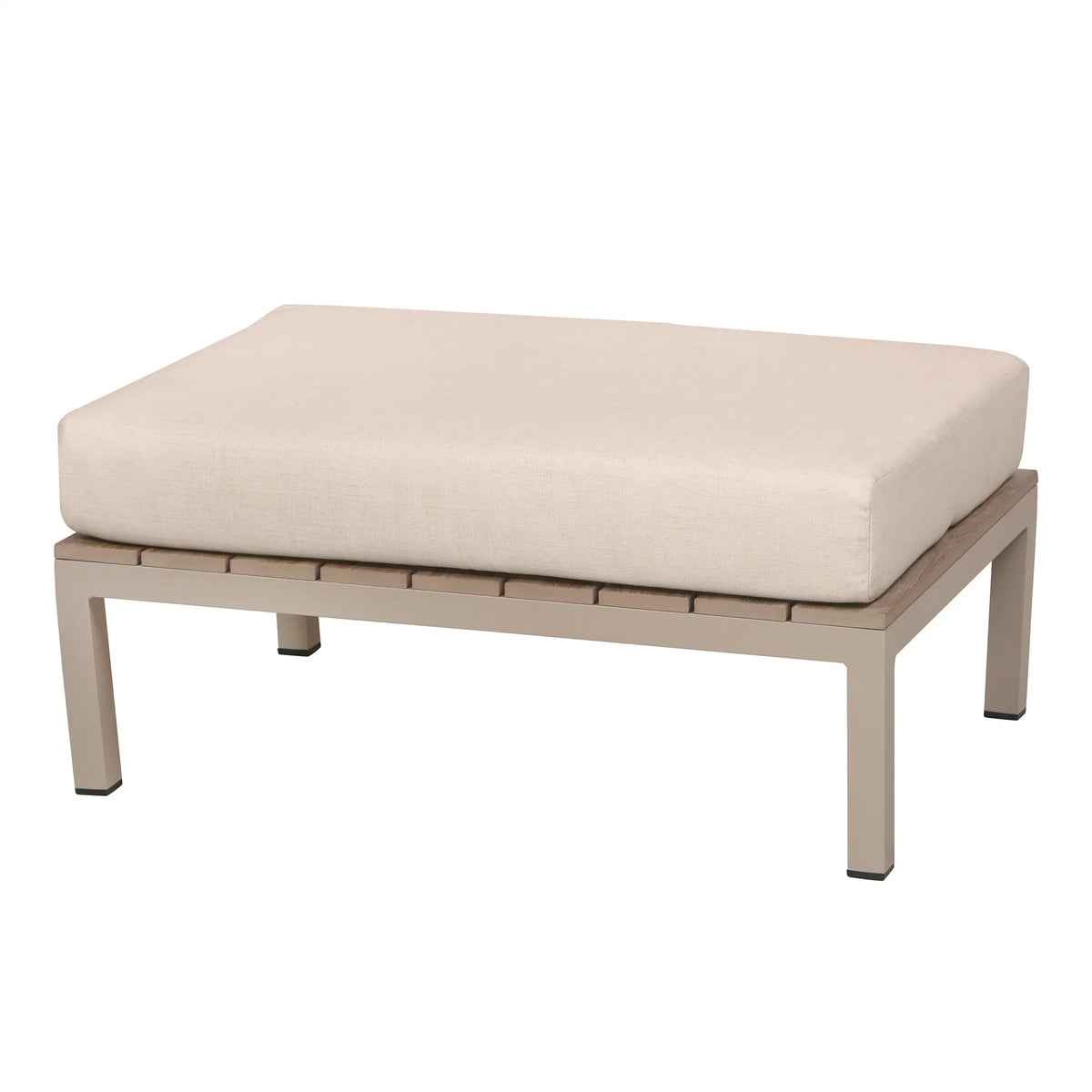 Beige outdoor ottoman with padded seat cushion