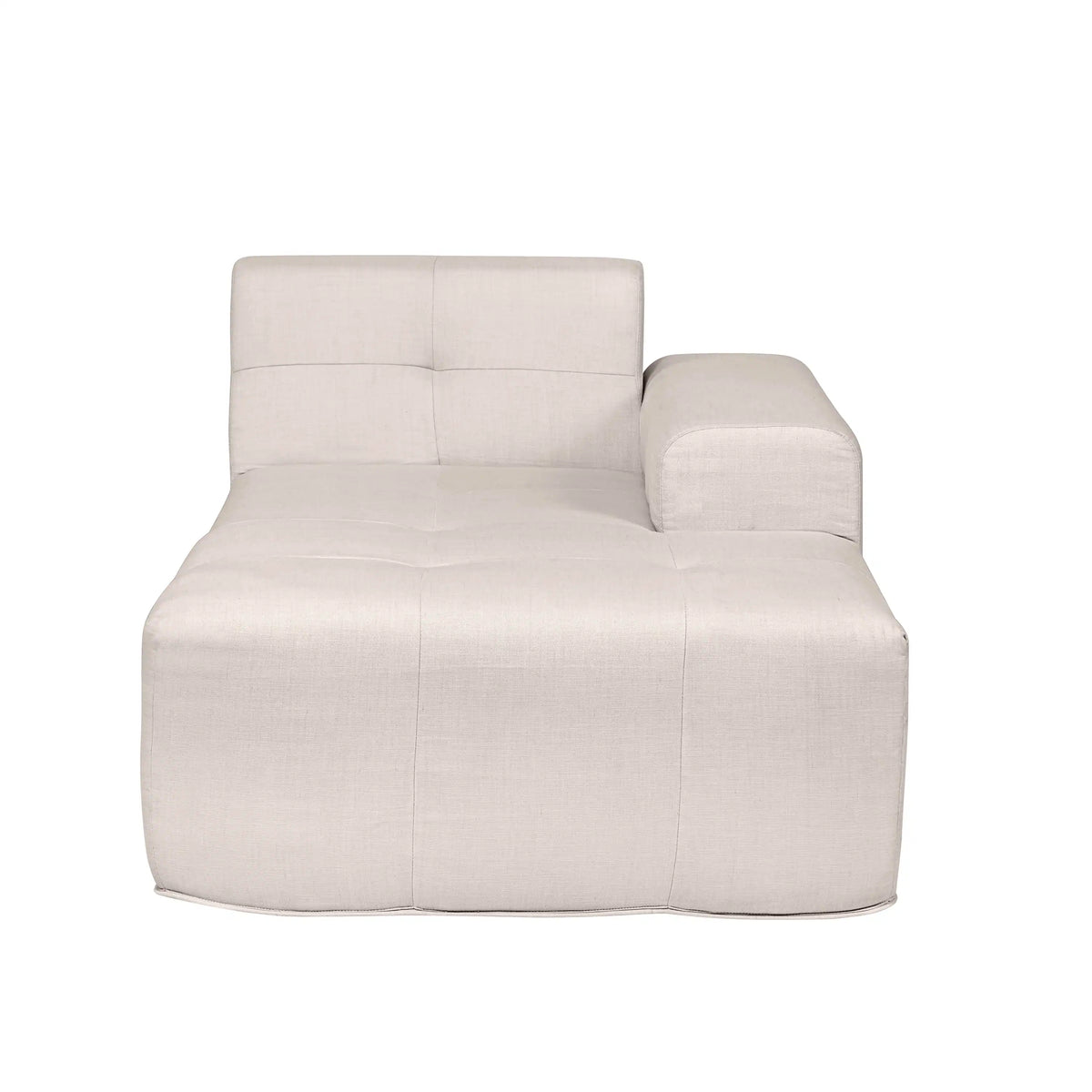 Beige outdoor lounger sofa with high back cushion and curved side armrest