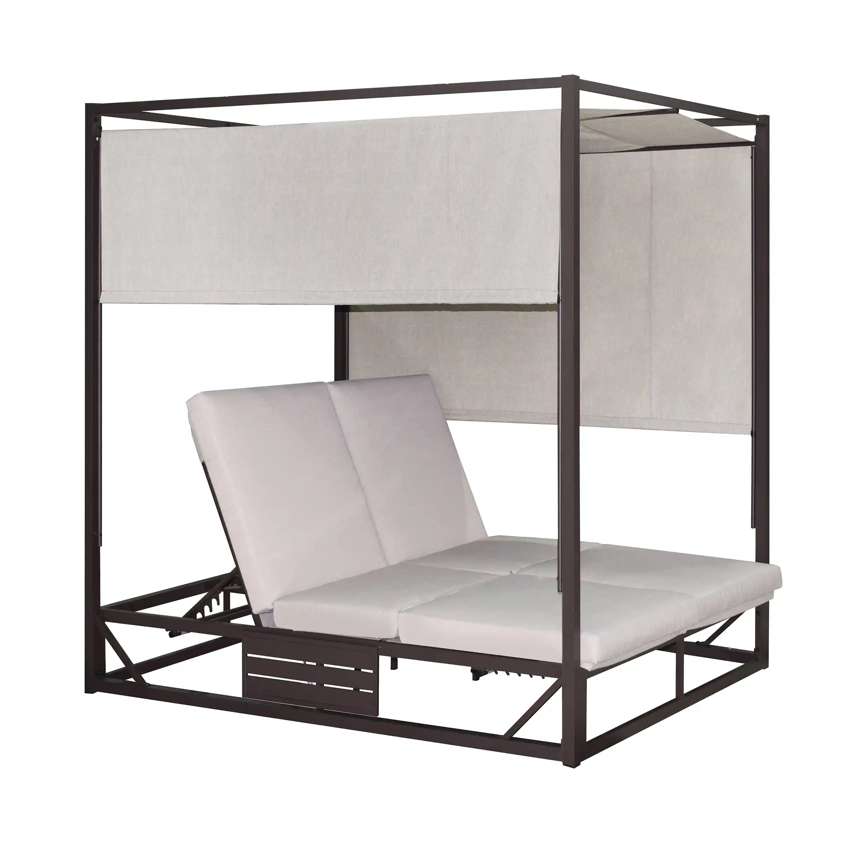 Outdoor canopy daybed with beige cushions, back pillows, and dark brown frame