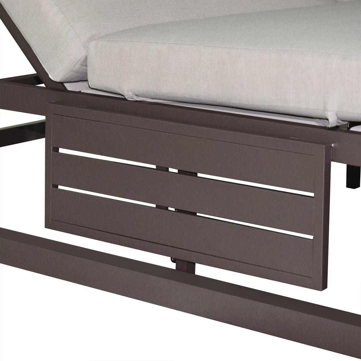 Outdoor daybed front slat panel with beige seat cushion and dark brown frame
