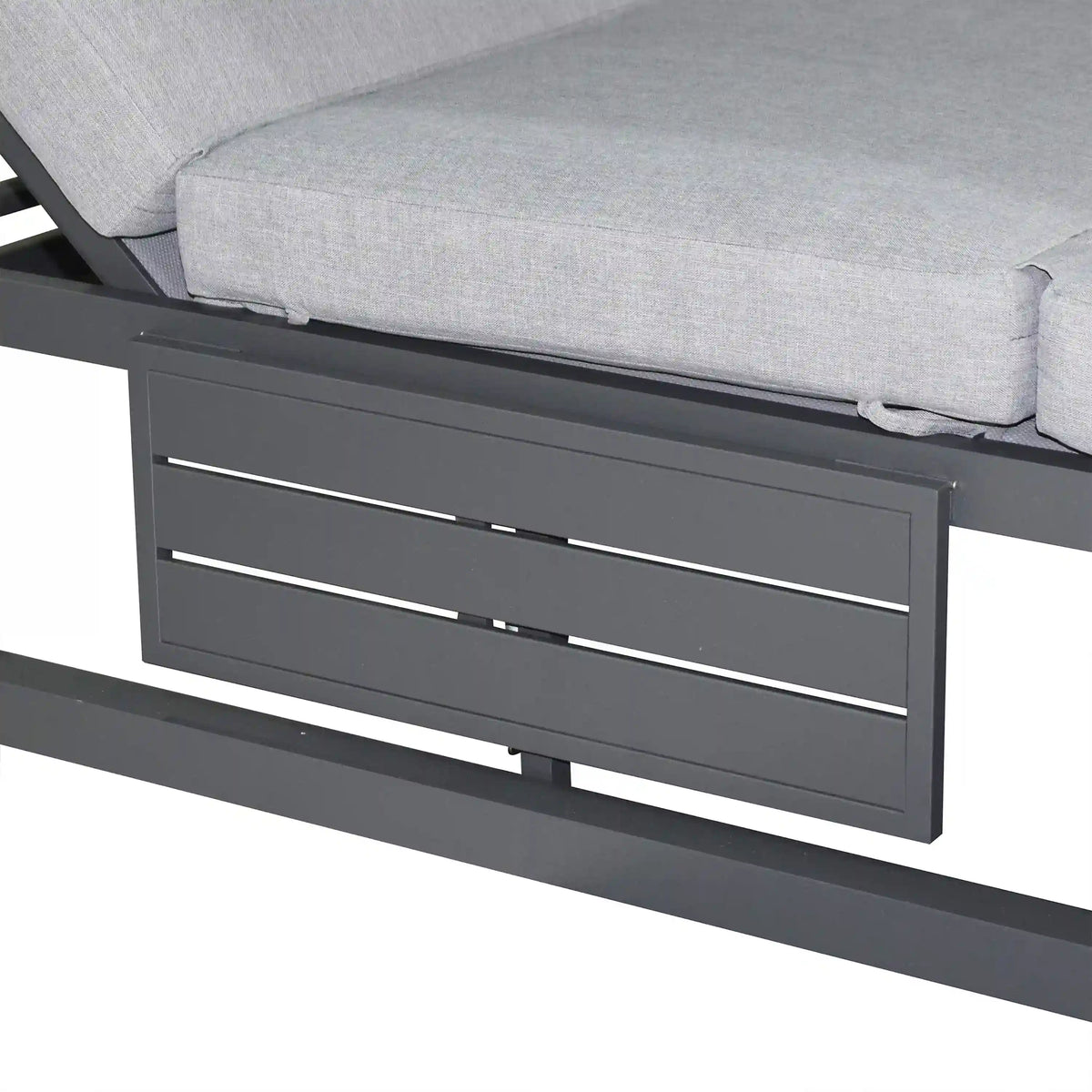 Gray daybed front panel with two parallel slats and upholstered seat cushion