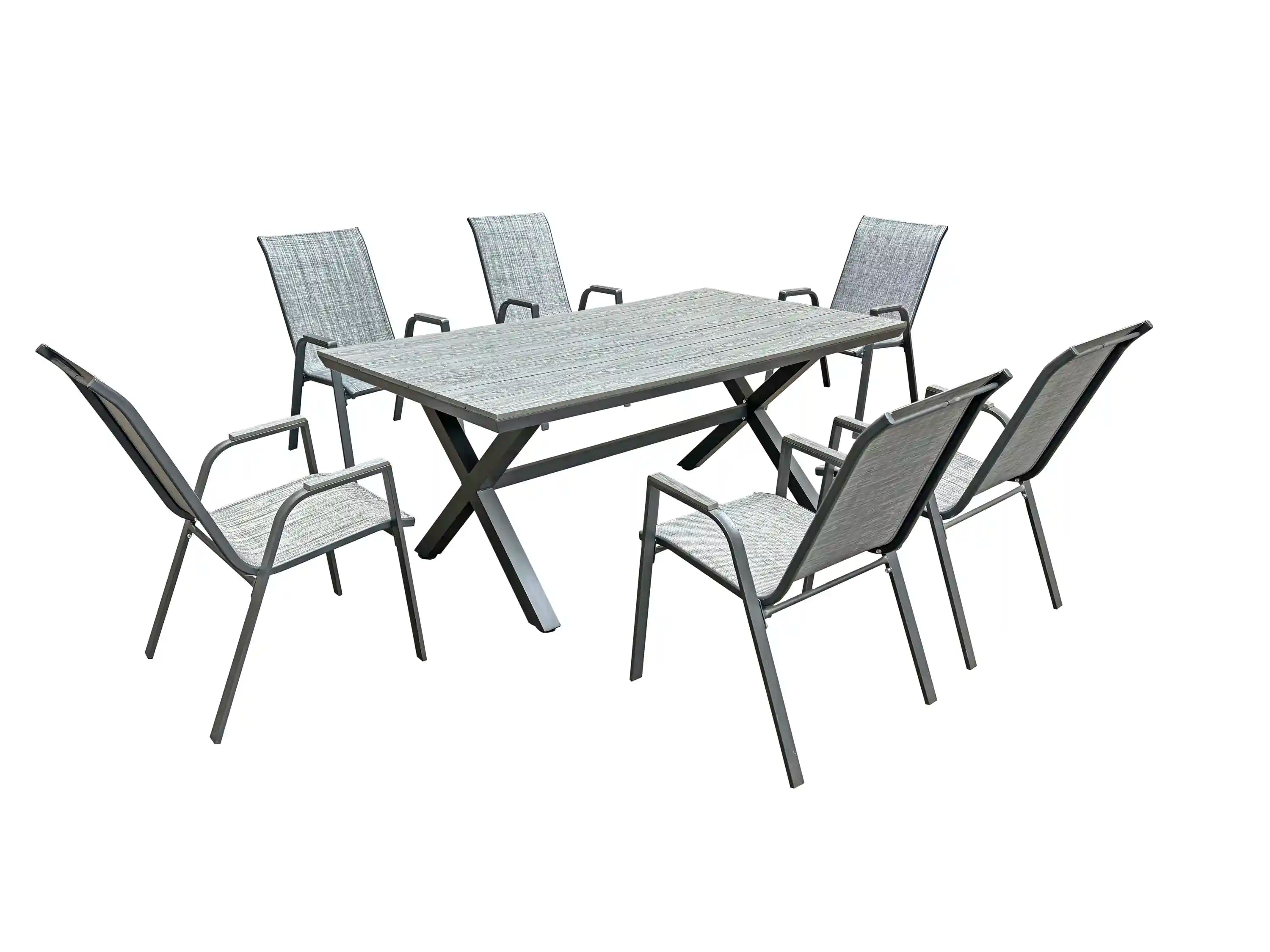 Outdoor dining set with black table and gray woven dining chairs
