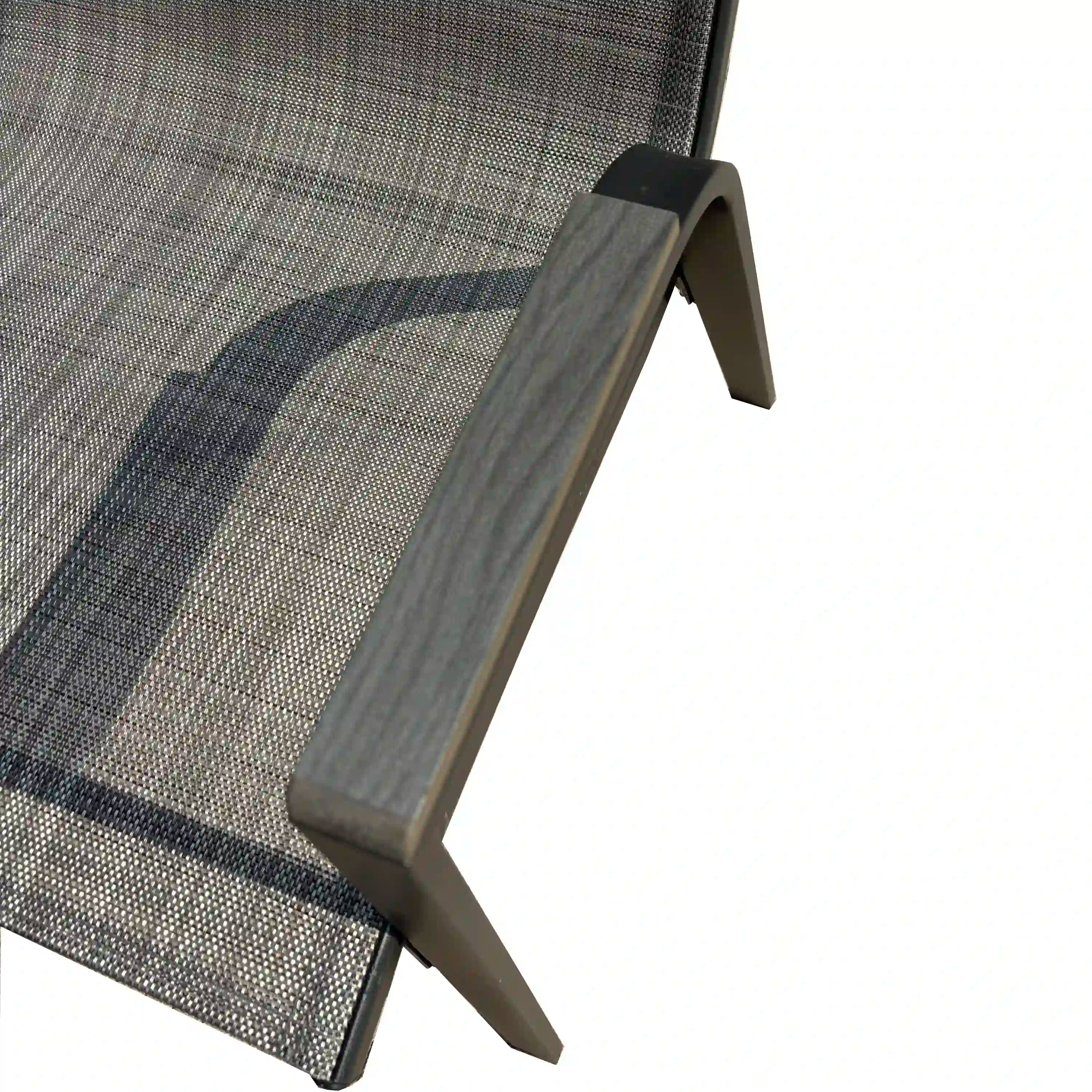 Gray outdoor dining chair seat with textured woven fabric and black support frame