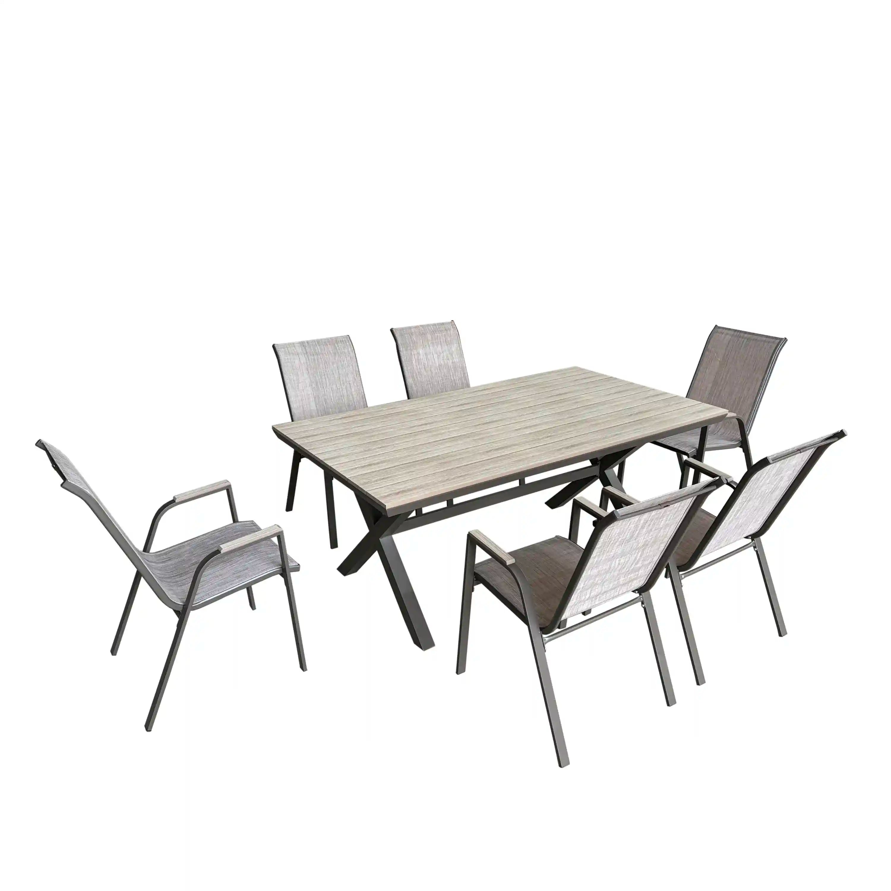 Outdoor dining set with square table and six gray fabric sling chairs