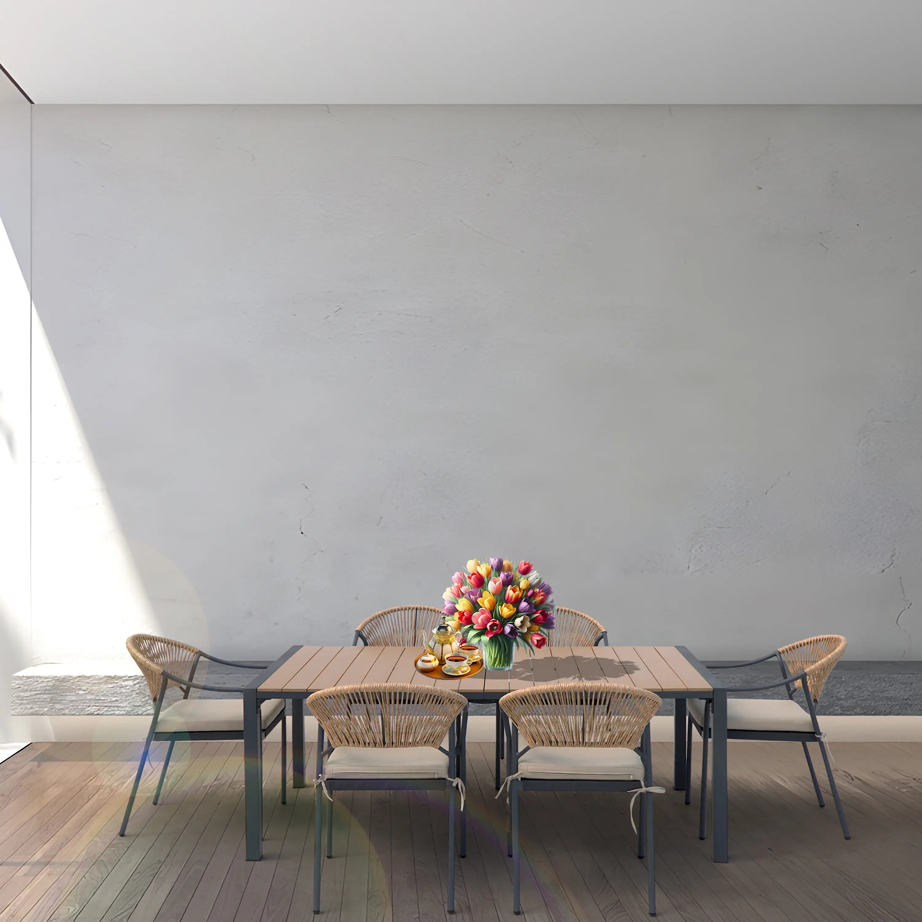 Outdoor dining table set with rectangular wood-slat table and wicker chairs, beige cushions.
