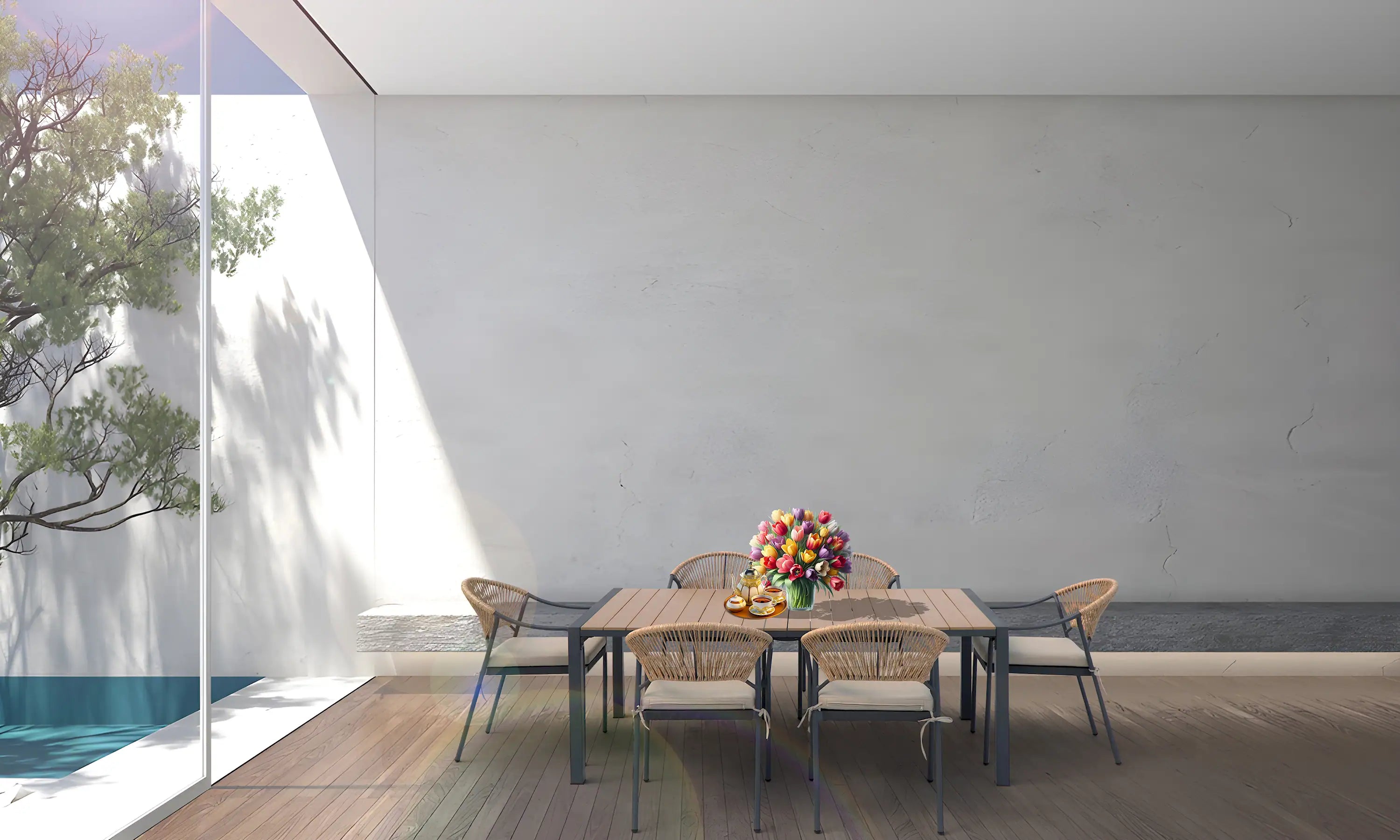 Outdoor dining set with wood-slat table, six wicker chairs, and beige seat cushions.