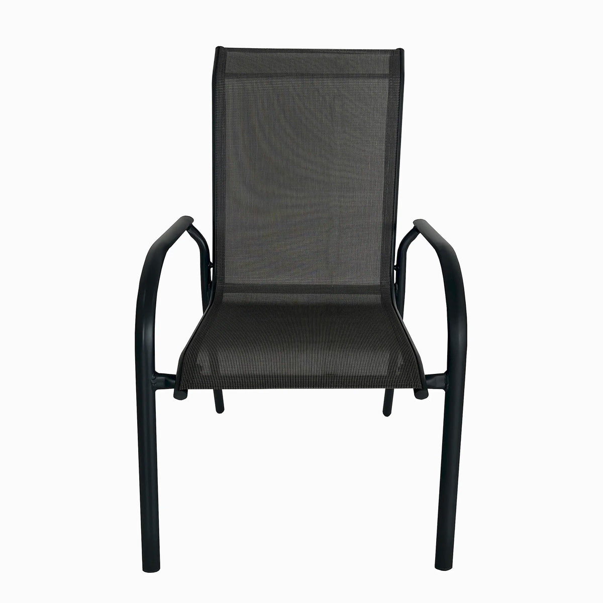 Dark mesh outdoor stackable dining chair with curved armrests and straight legs