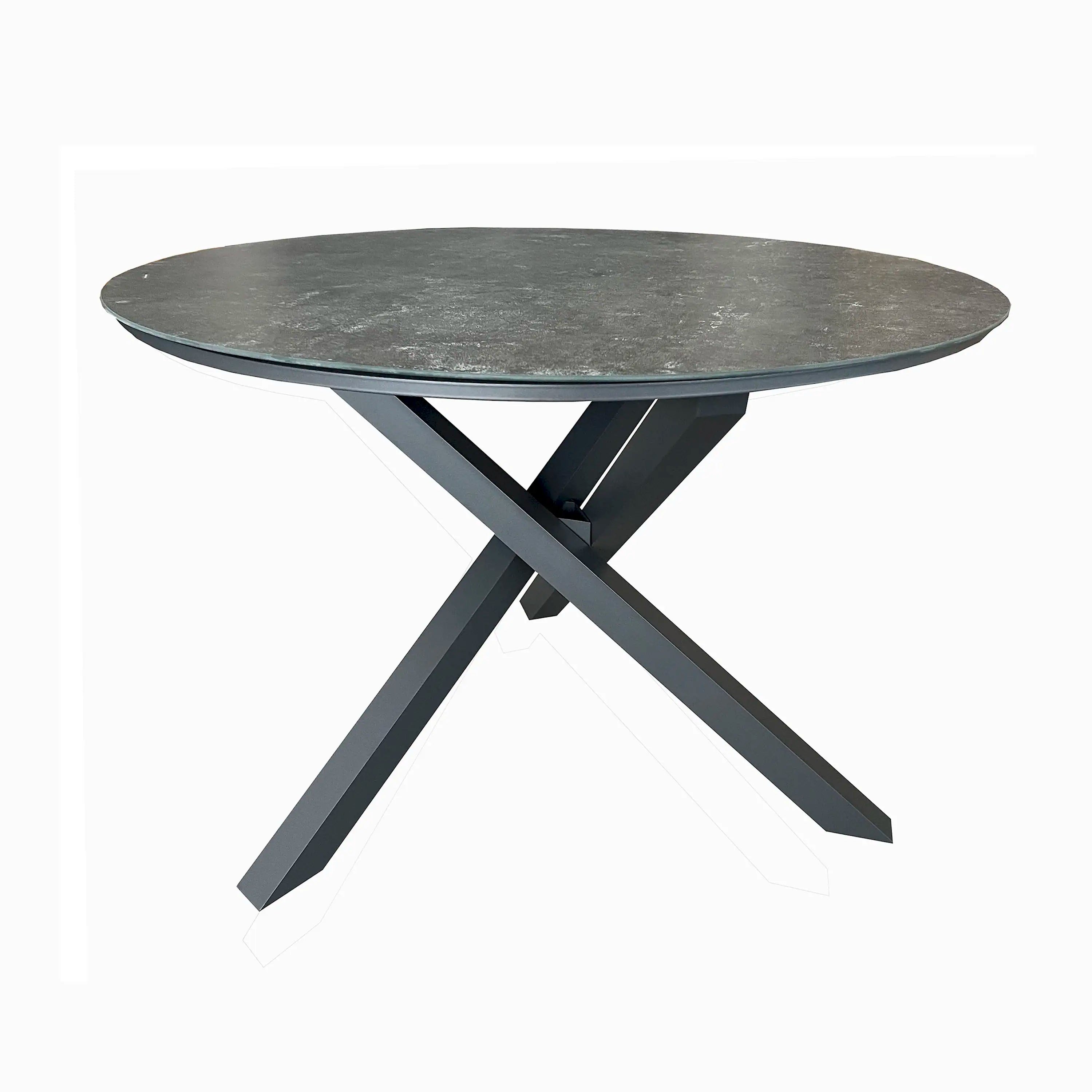 Round outdoor dining table with textured grey top and dark grey X-style metal base