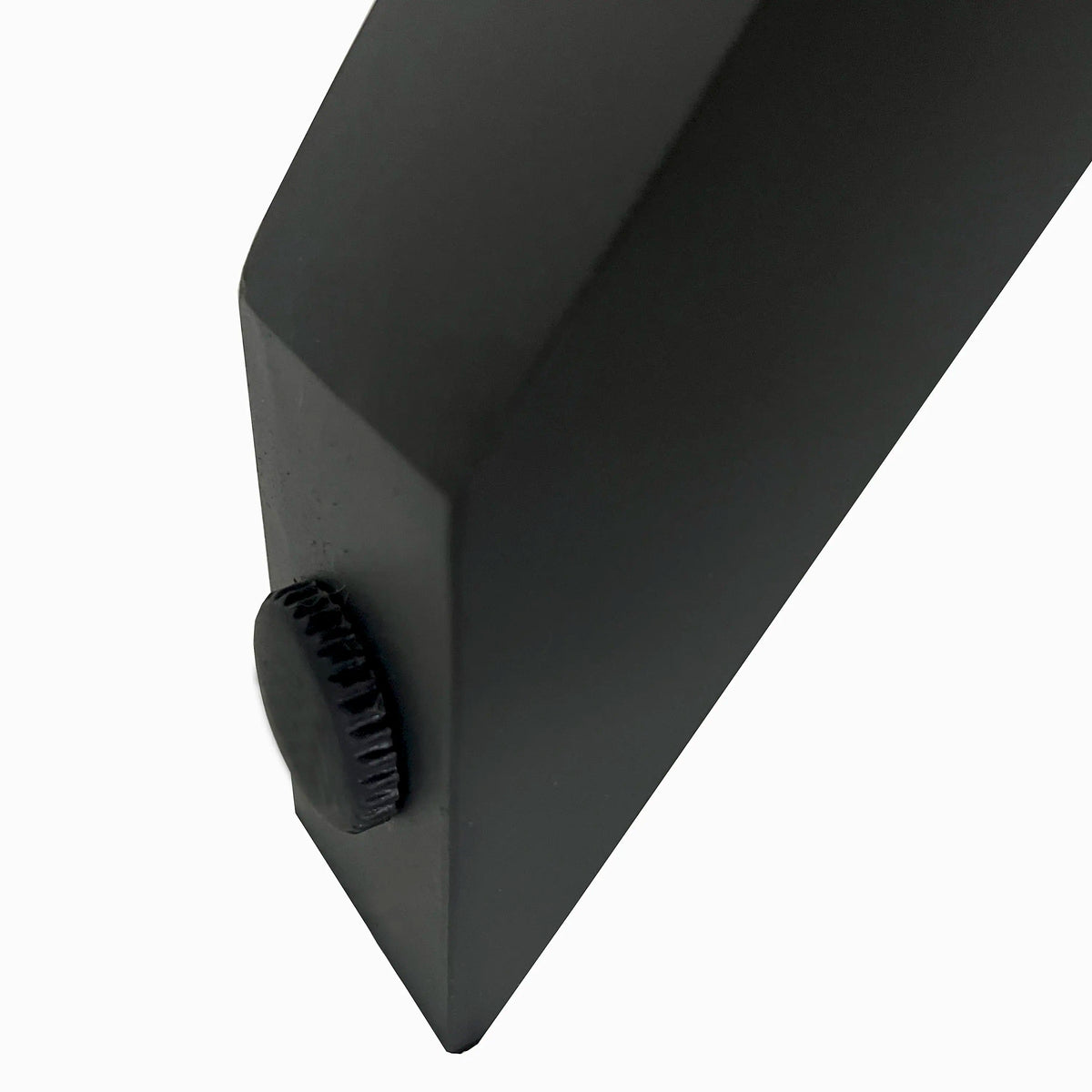 Chair frame end with rubber foot pad on dark grey aluminum