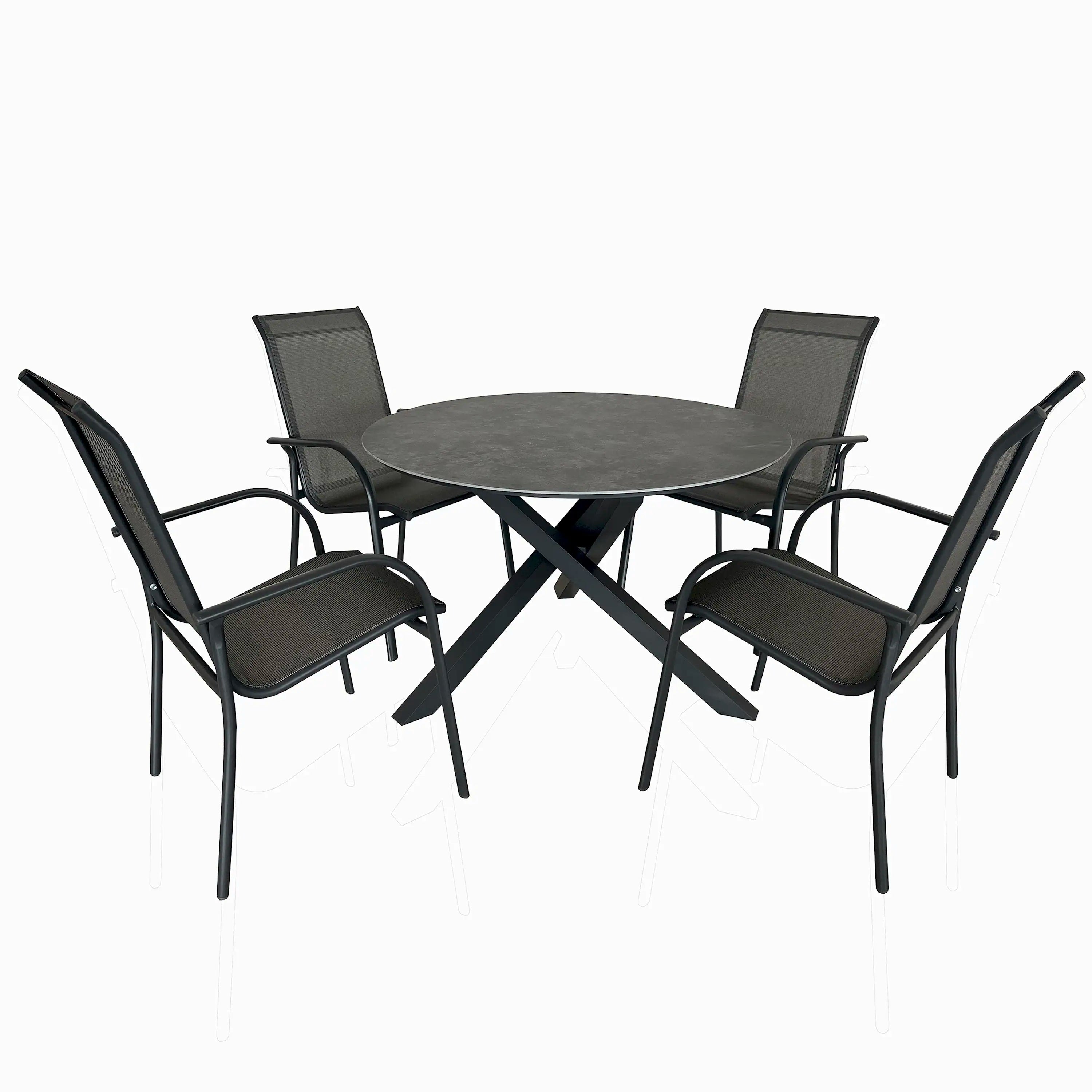 Outdoor round dining table set with dark grey metal frame and 4 matching stackable chairs