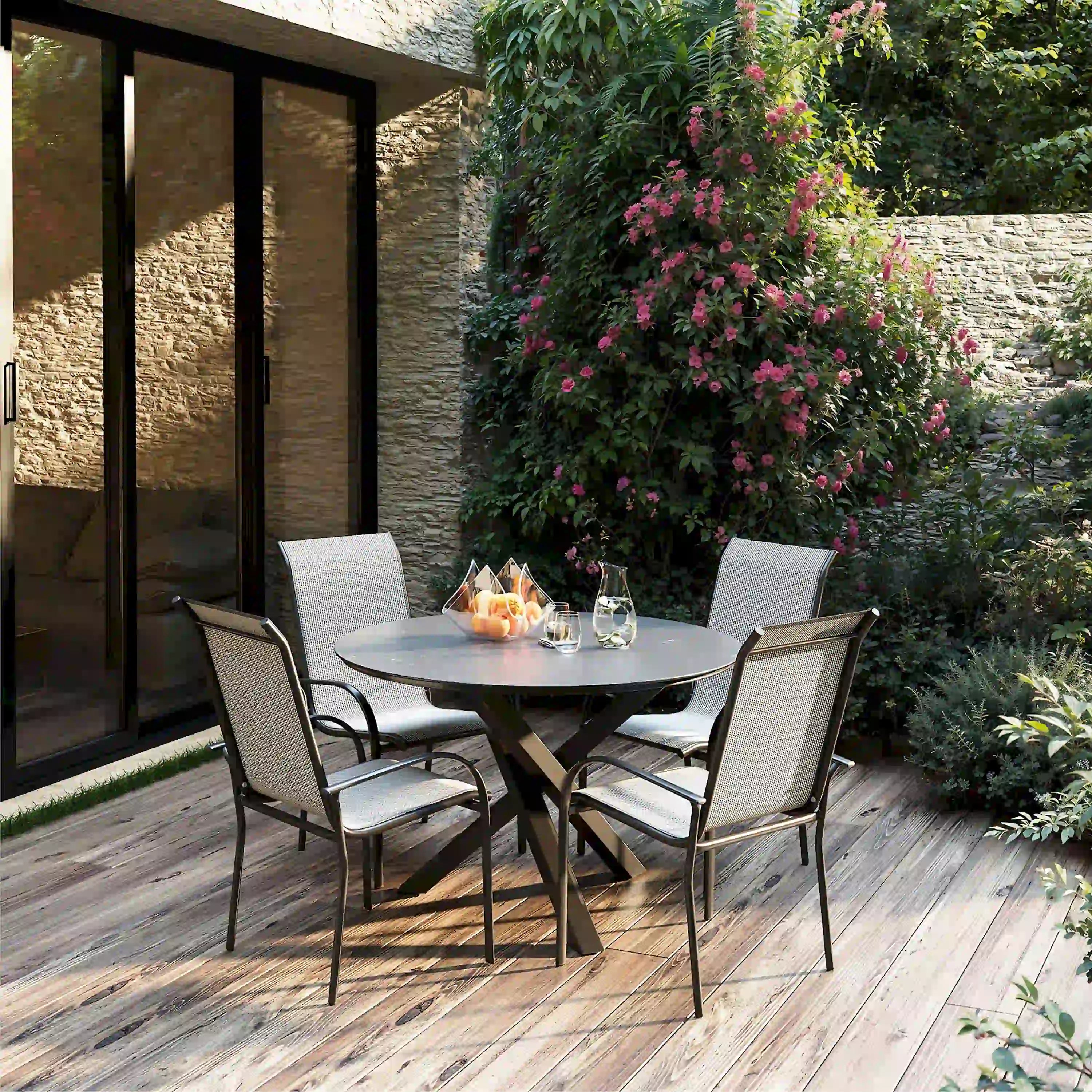Outdoor dining table and stackable chairs set with round grey tabletop and 4 grey chairs
