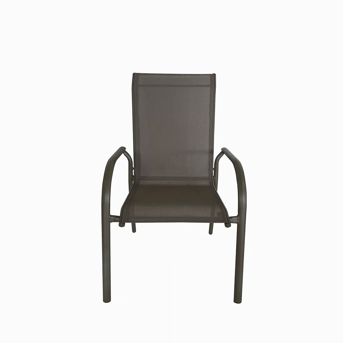 Outdoor stackable dining chair with dark mesh back and seat, metal legs and armrests