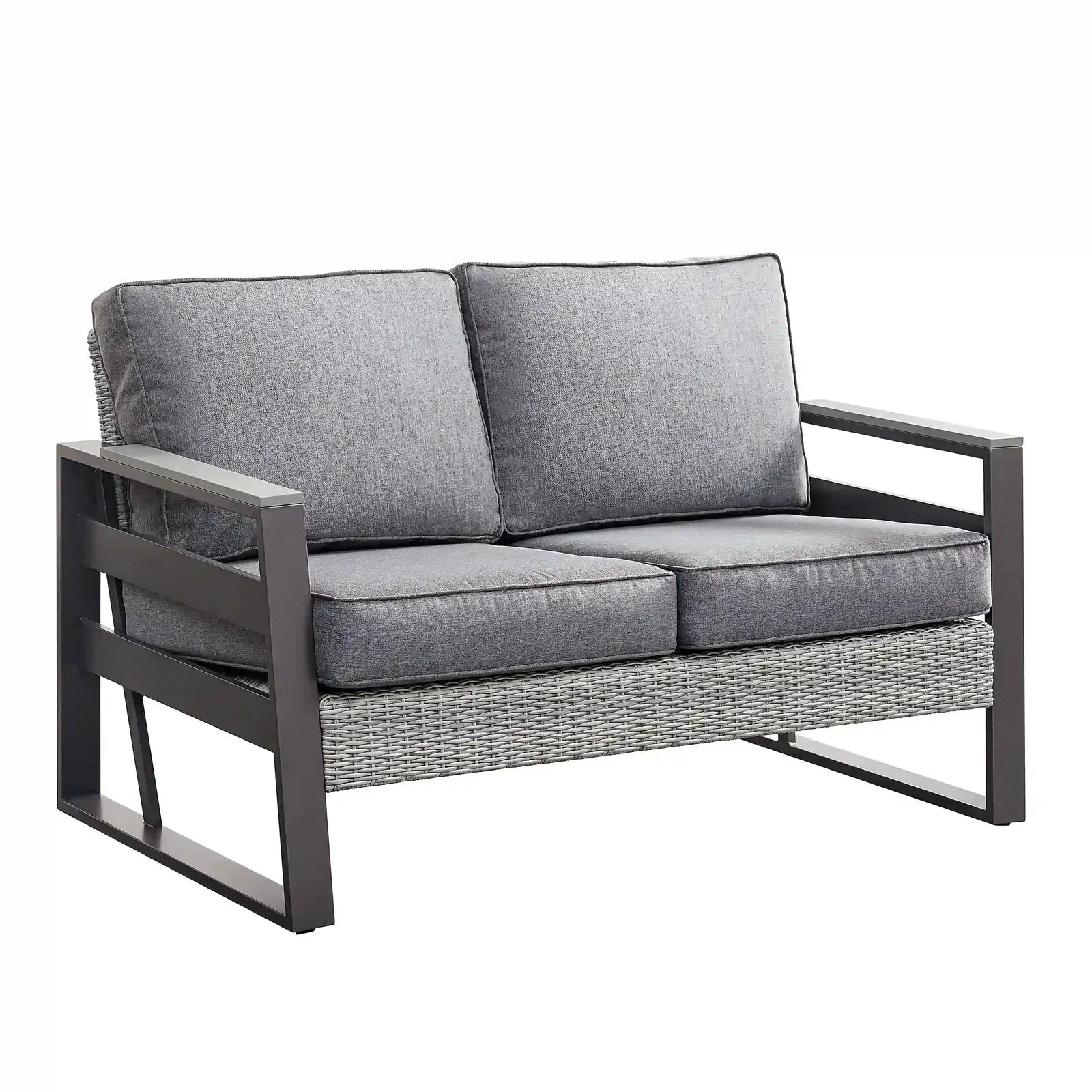 Outdoor loveseat-style seat with two gray cushions, dark frame, and gray woven base