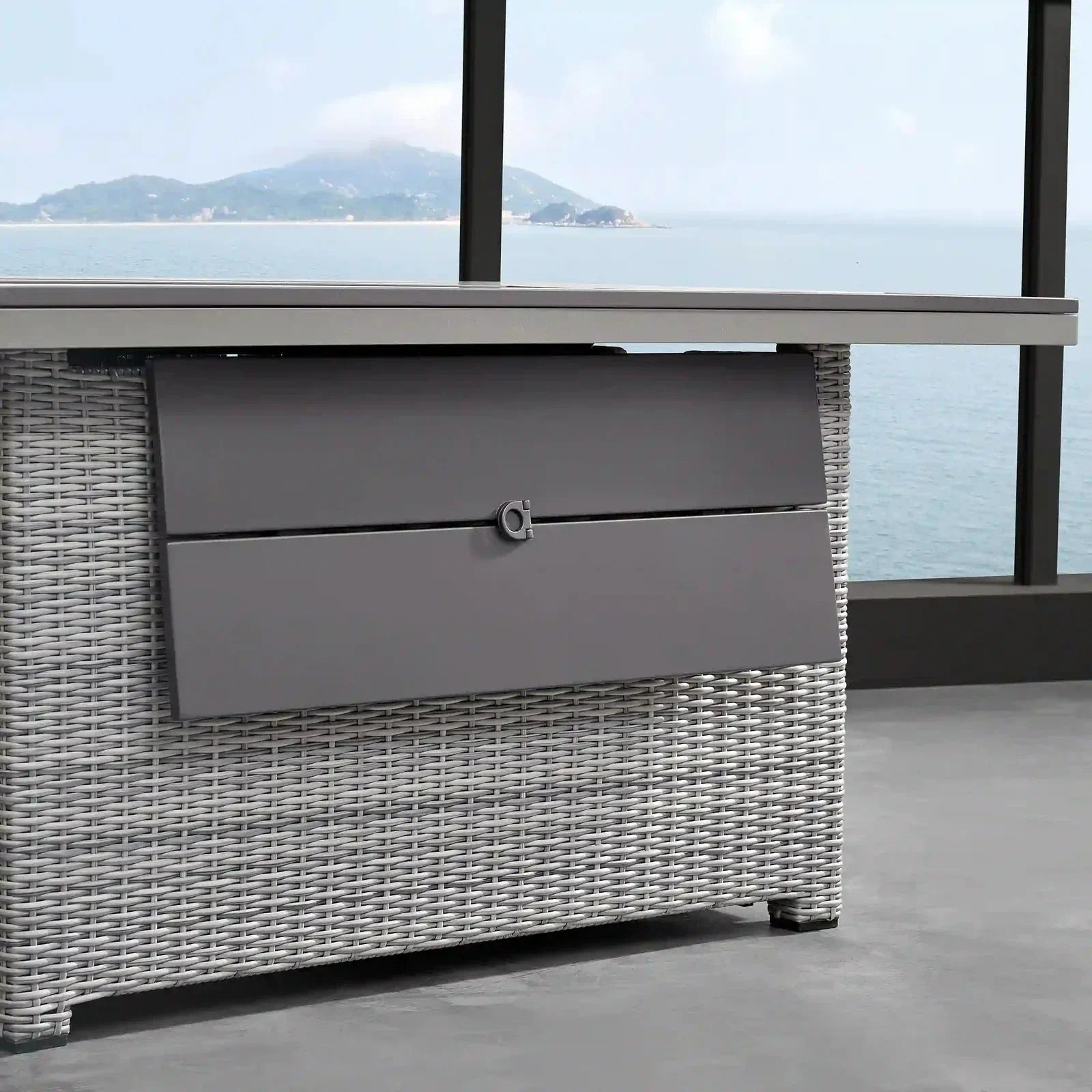 Outdoor firepit cabinet base with center drawer and curved pull handle