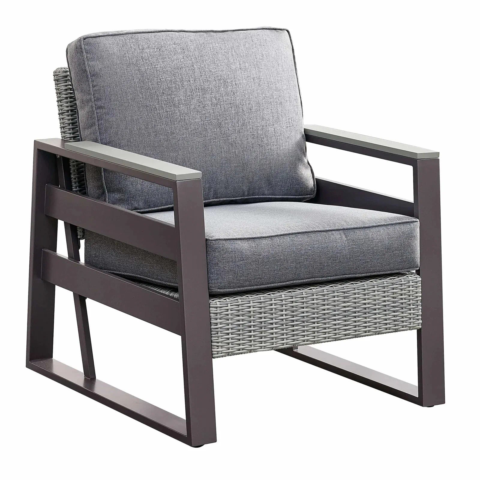 Outdoor lounge chair with dark wood frame, gray fabric cushions, and gray woven base