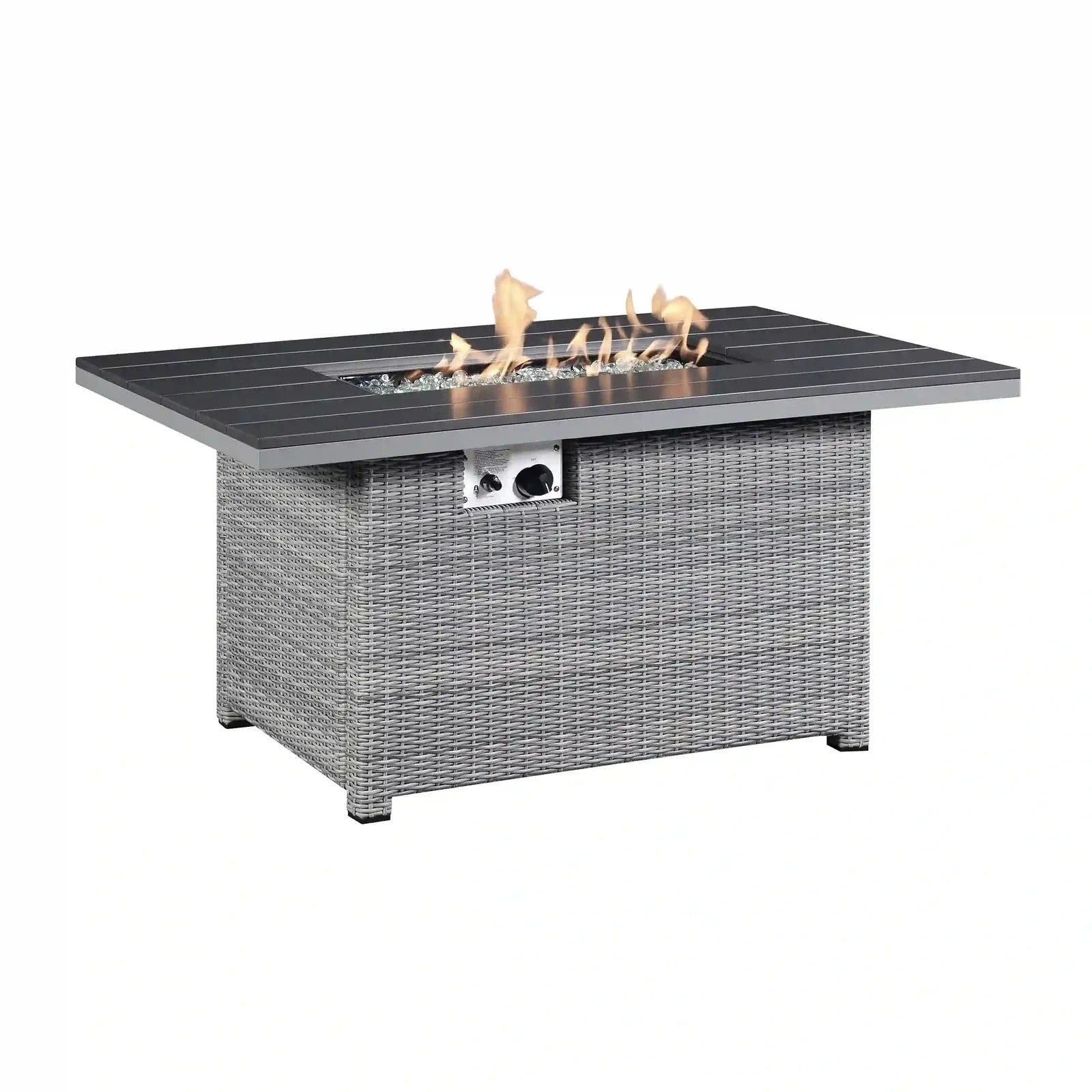 Outdoor fire pit table with open flame, gray woven sides, and black top panel