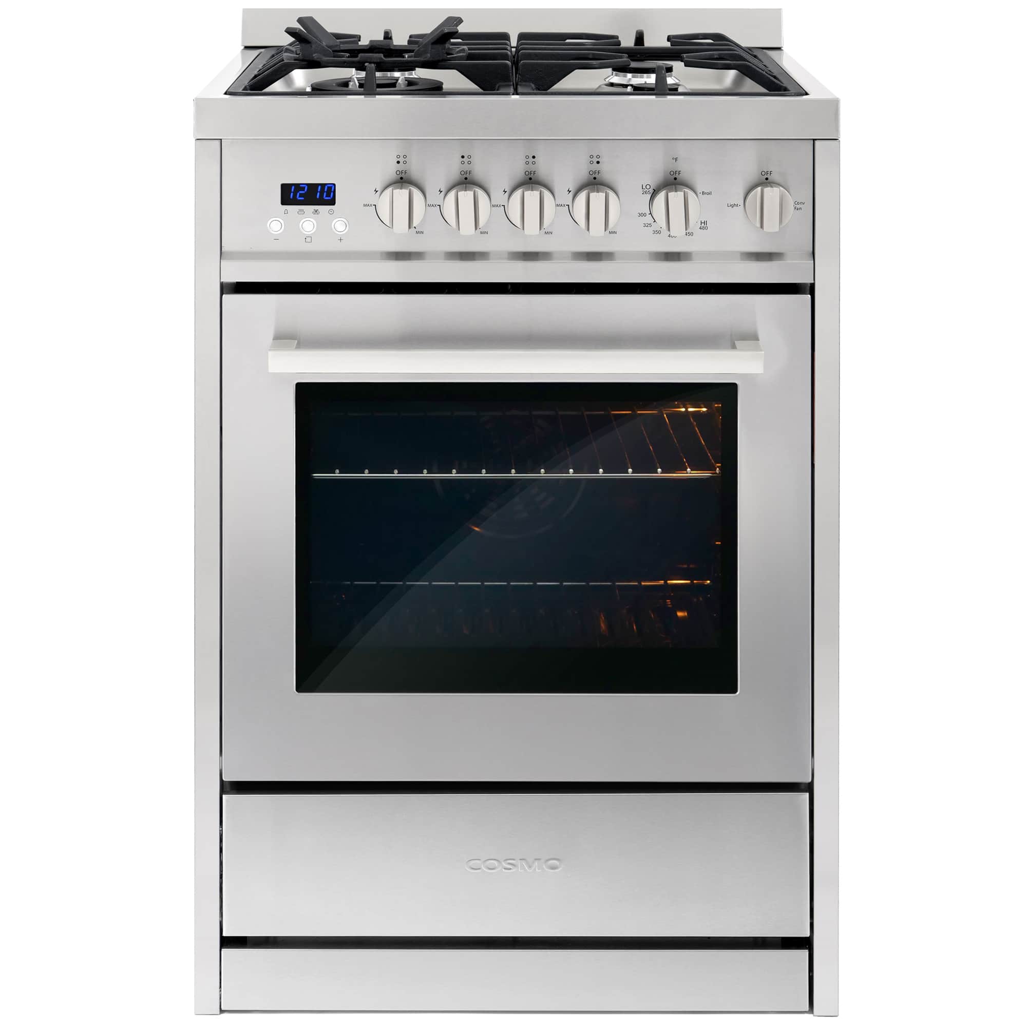 Stainless steel gas range front view with 4-burner cooktop and oven door