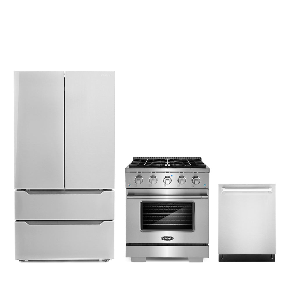 3-piece kitchen appliance set: white refrigerator, gas range, and dishwasher, all side-by-side.