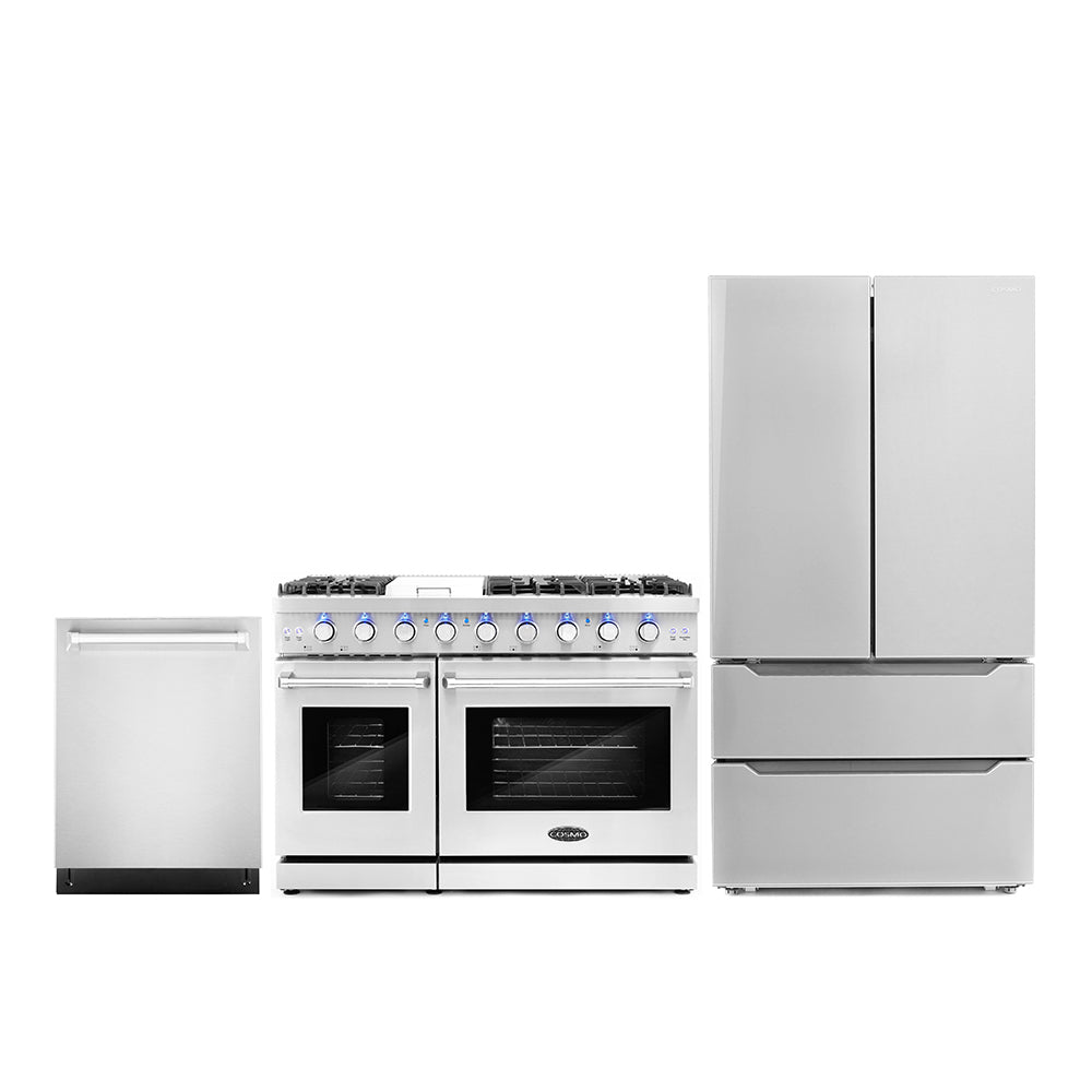 3-piece appliance set: white gas range with two ovens, dishwasher, French-door refrigerator