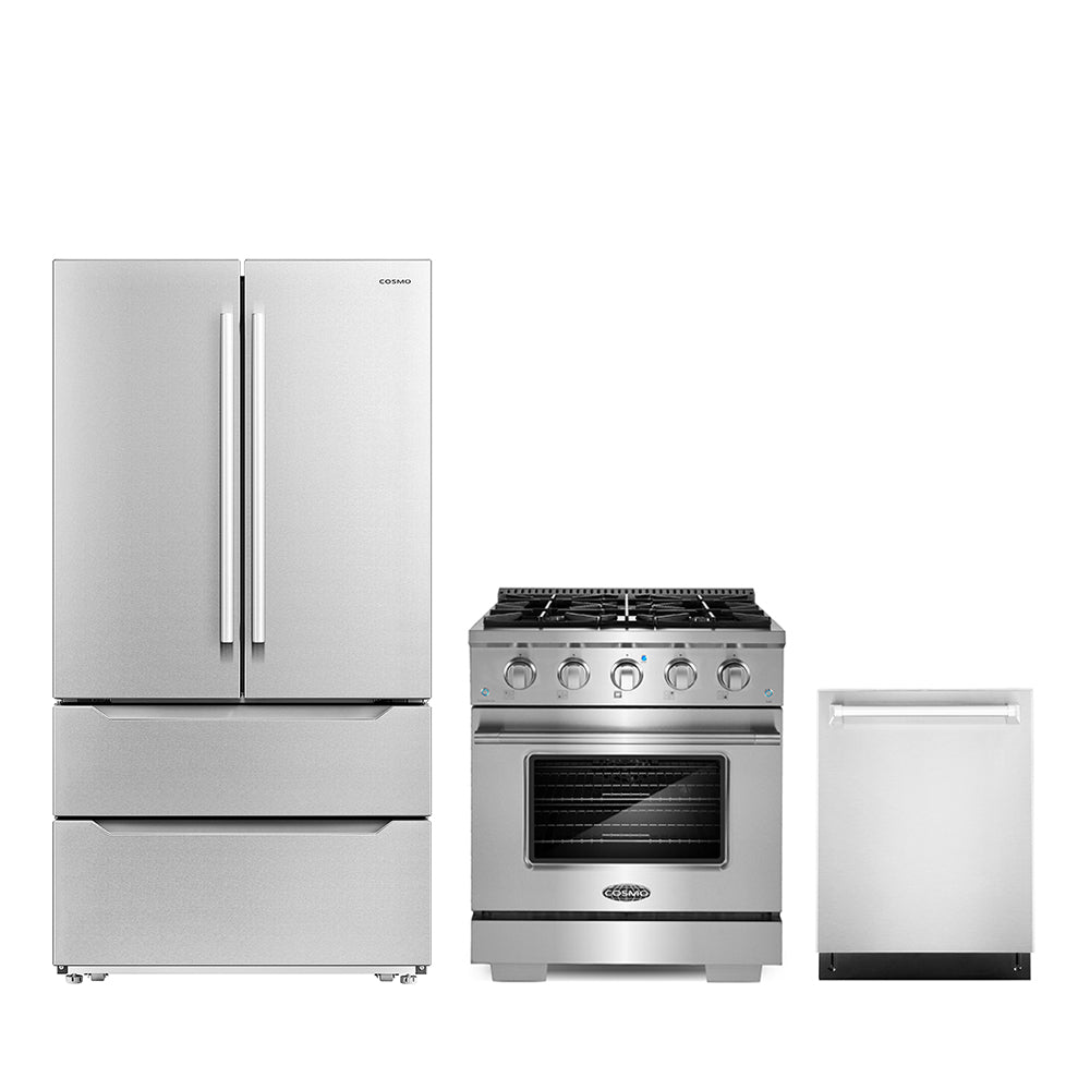 Stainless steel 3-piece appliance package with refrigerator, gas range, and dishwasher