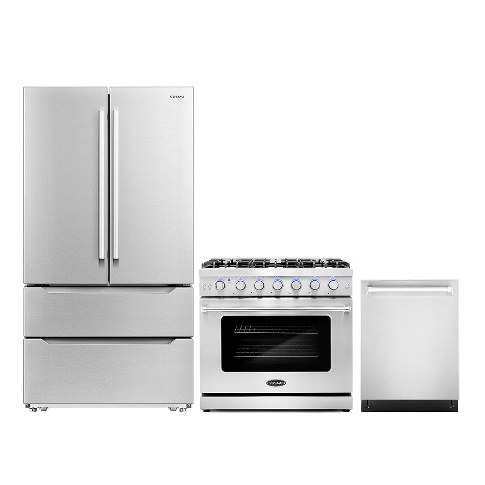Stainless steel appliance package: French door refrigerator, gas range, and built-in dishwasher.