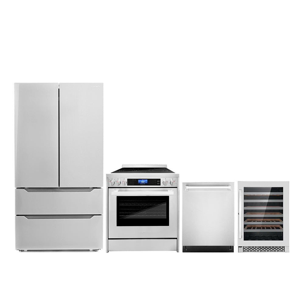 Stainless steel 4-piece appliance set with refrigerator, oven range, dishwasher, wine cooler.
