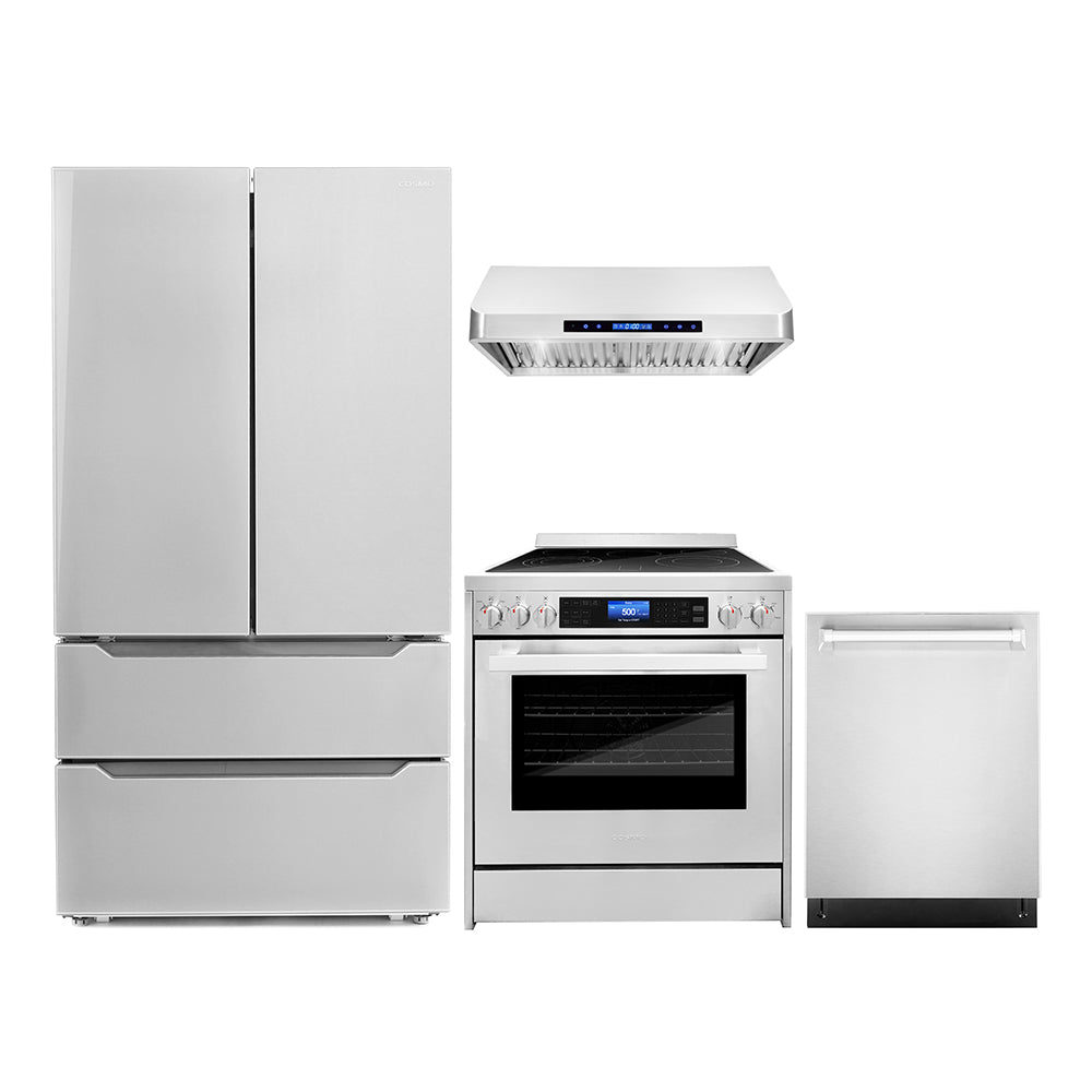 4-piece stainless appliance package with refrigerator, range, dishwasher, and hood