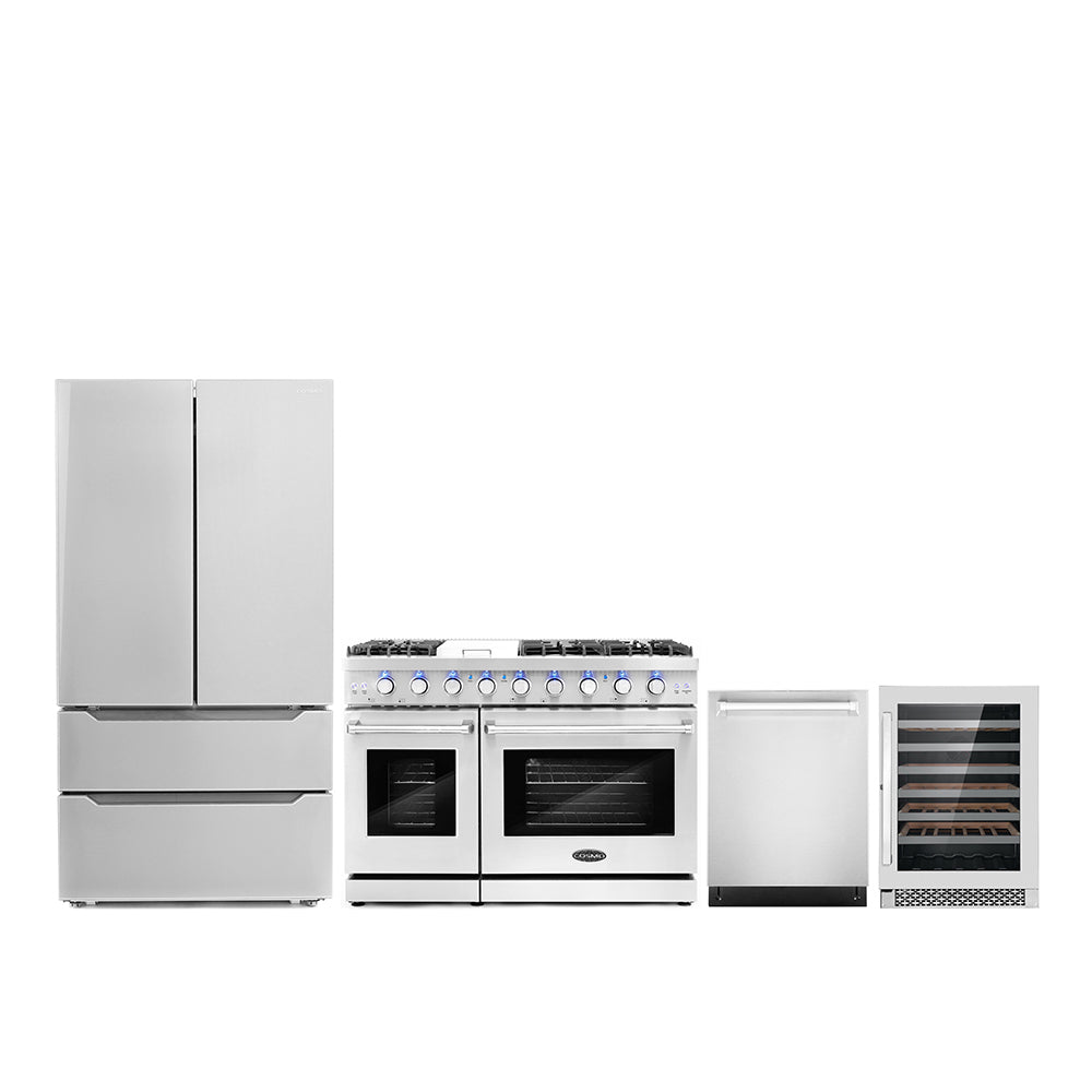 Stainless steel 4-piece appliance package with gas range, dishwasher, refrigerator, and wine cooler