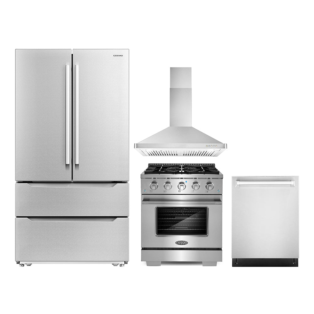Stainless steel 4-piece kitchen appliance package with gas range, hood, dishwasher, and refrigerator