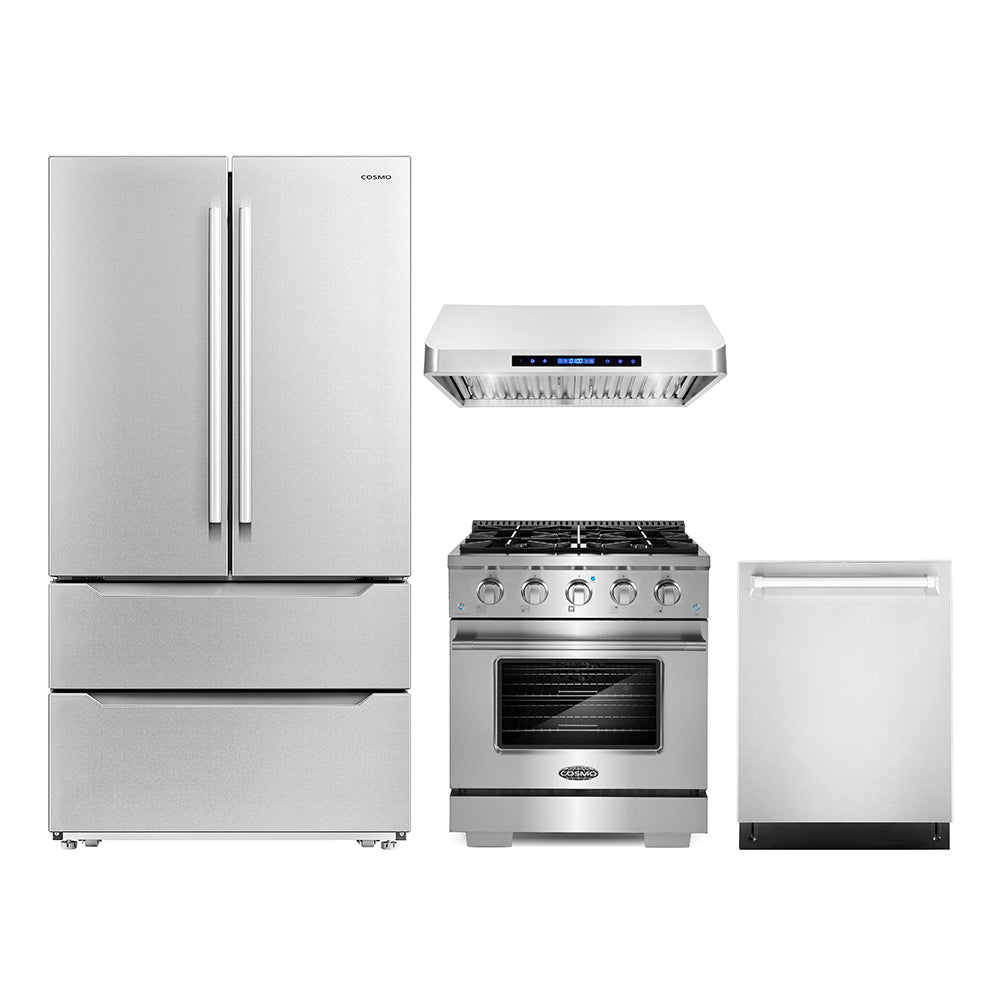Stainless steel 30-inch gas range with under-cabinet hood, dishwasher, and refrigerator doors