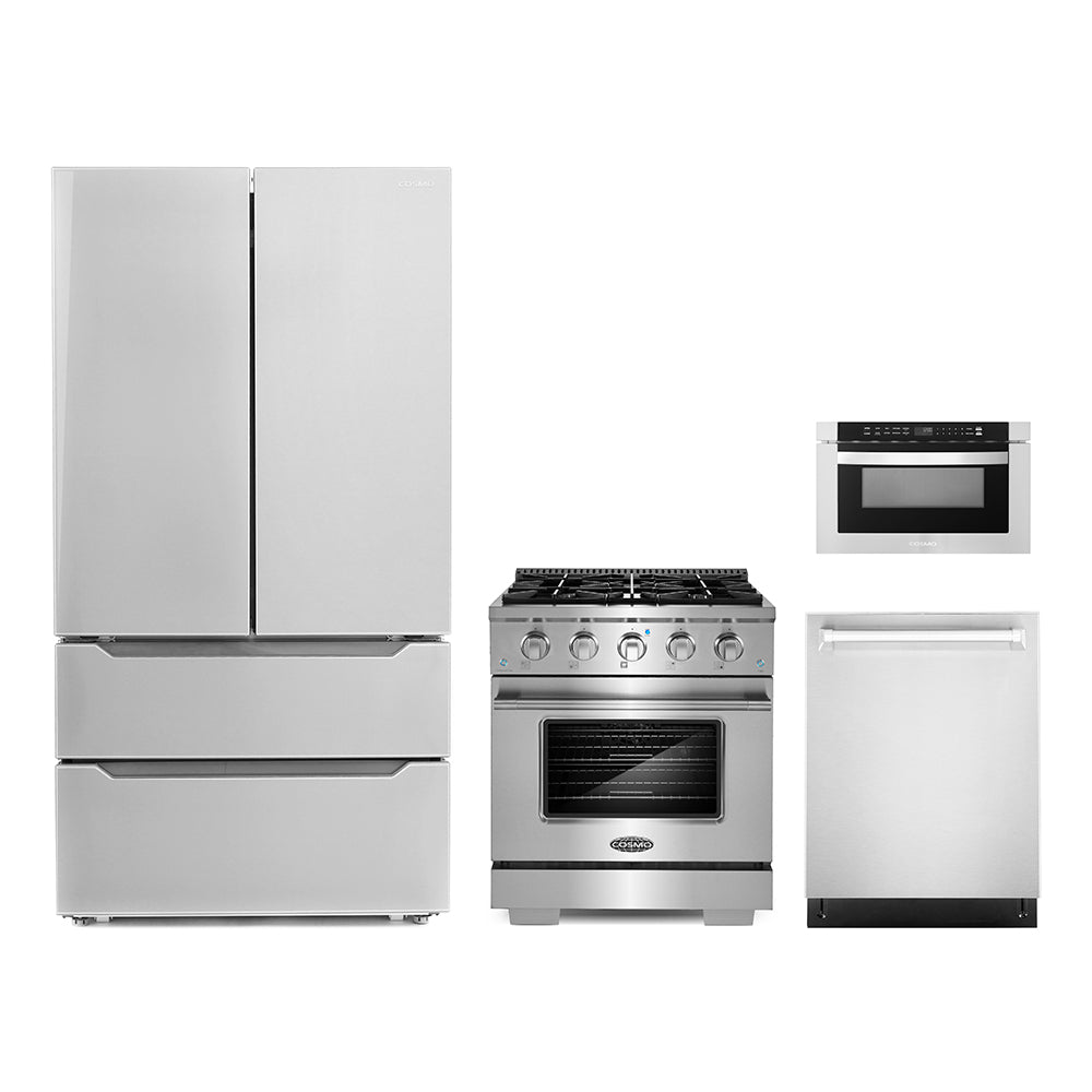 Stainless steel appliance package with refrigerator, gas range, dishwasher, and microwave drawer
