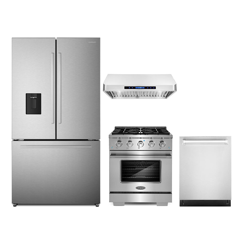 Stainless steel kitchen appliance set with refrigerator, gas range, and hood