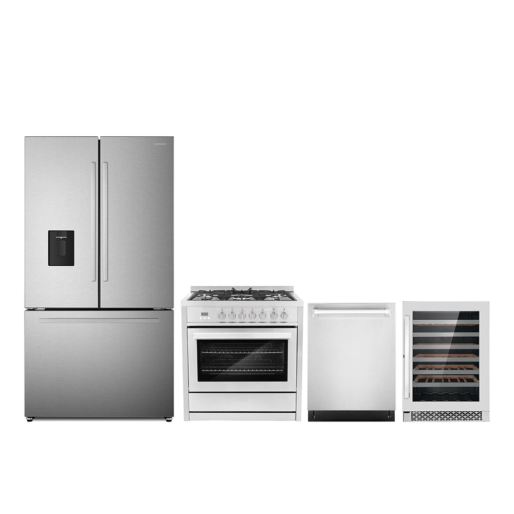Stainless steel 4-piece appliance package with dual-fuel range, refrigerator, wine cooler, dishwasher