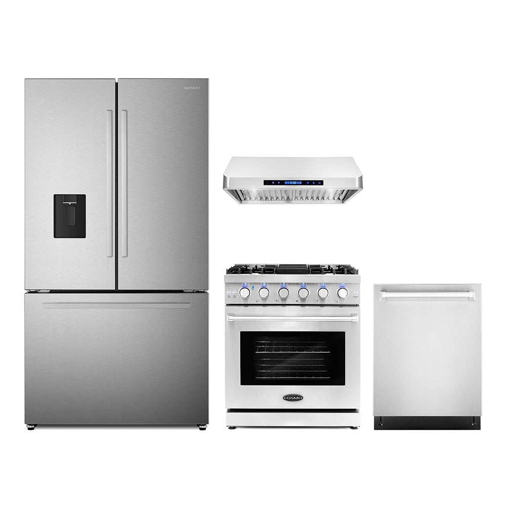 4-piece stainless appliance package with refrigerator, gas range, hood and dishwasher