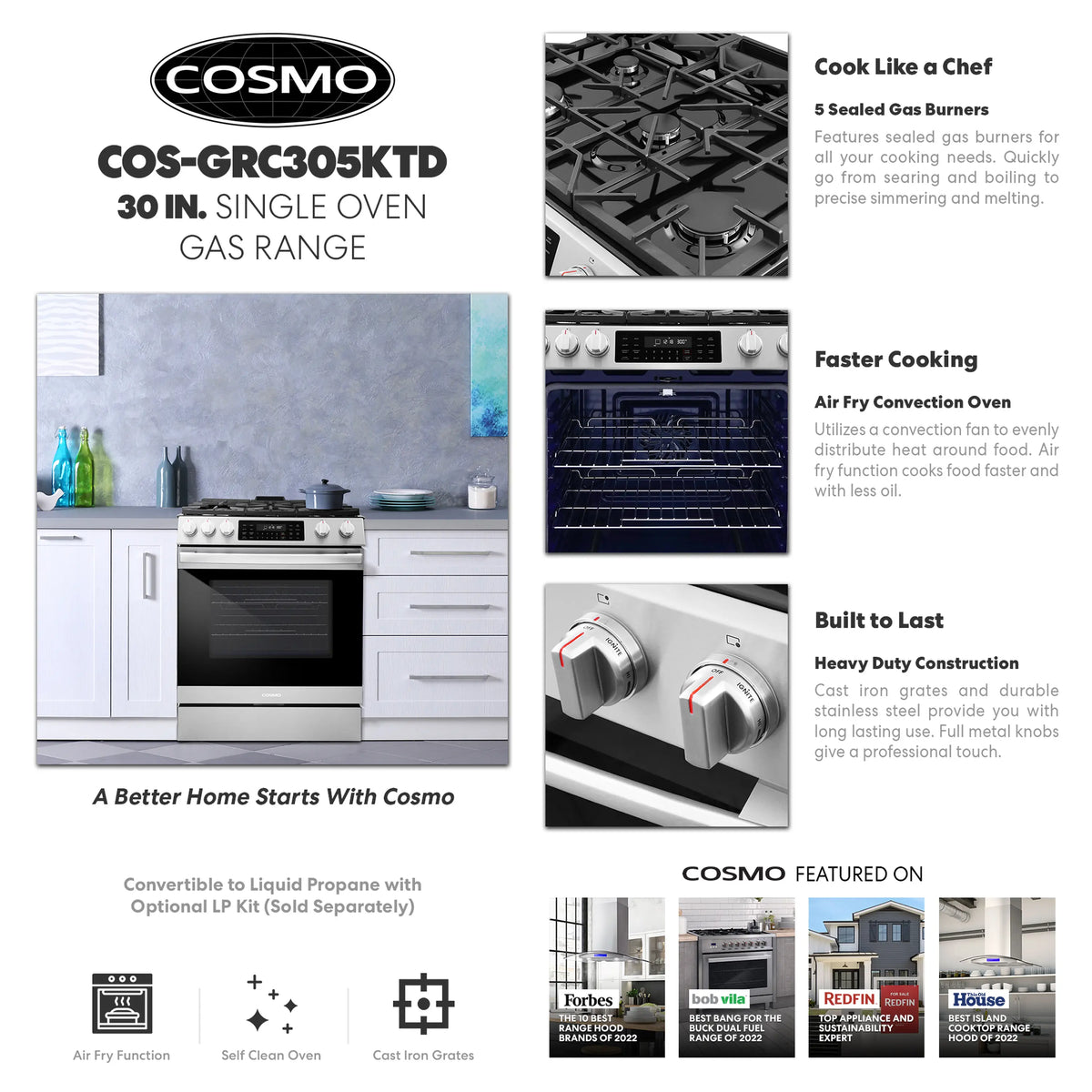 Cosmo 30-inch gas range with stainless cooktop and convection oven, front view