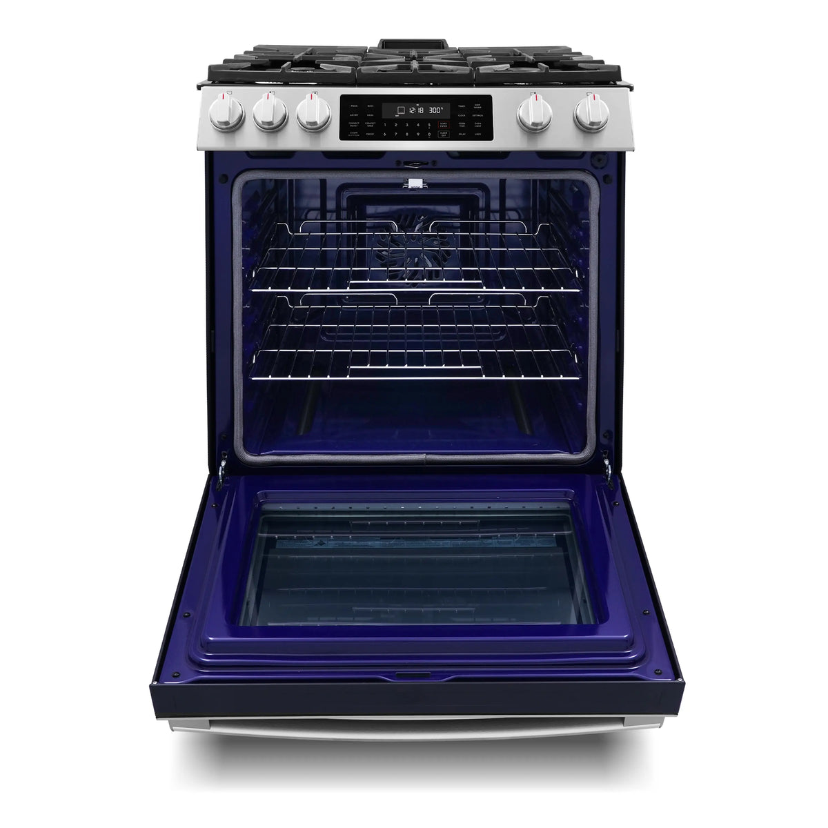 Stainless steel gas range with open convection oven door and wire racks visible